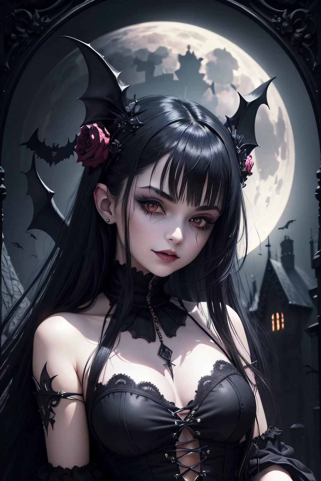 "(Cerrar Potrait), DarkFantasy, gothic style, Reina Vampiro, with a gothic style dress, con una sonrisa sedienta de sangre y sangre en la cara, cuerpo, y una luna de sangre en el fondo. The scene is set in a Gothic castle with many bats, emphasizing pale skin and bright eyes."