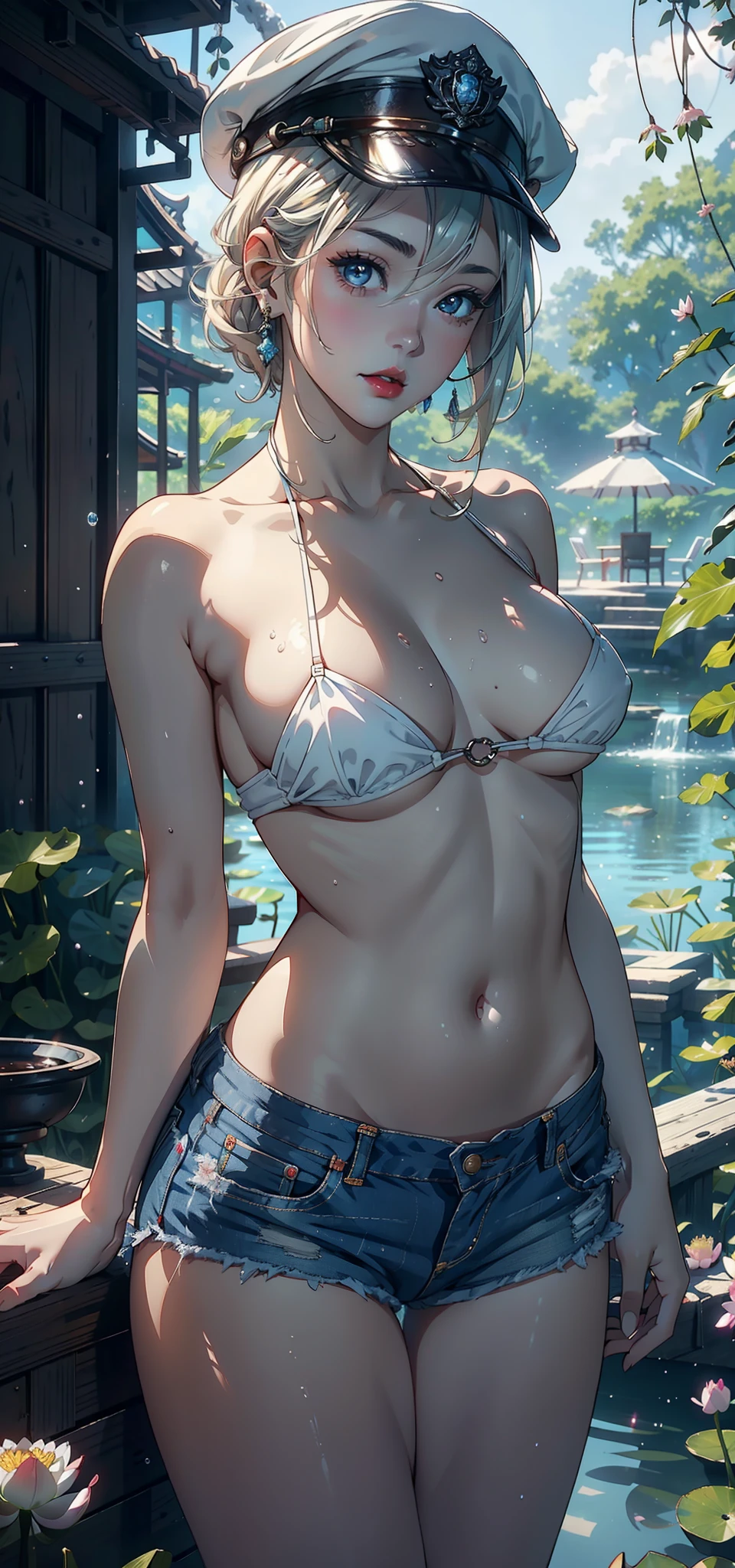 (Background with:ponds,Cherry blossom forest,lotus flower)Lie underwater, She has short blonde hair,bobo head,seen from the front,mostly cloudy sky,(((tmasterpiece),(Very detailed CG unity 8K wallpaper),best qualtiy,cinmatic lighting,detailed back ground,beatiful detailed eyes,Bright pupils,Blue eyes,Snow-whiteskin,Redlip(Very fine and beautiful),(Beautiful and detailed eye description),ultra - detailed,tmasterpiece,))facing at camera,A high resolution,ultra - detailed),revealing breasts,Bare genitalia, Bulge,legs are open,Raised sexy,Camel toes,Desire for dissatisfaction,frontage,(Wearing :耳Nipple Ring, jewely, denim short, Bare )Officer's cap