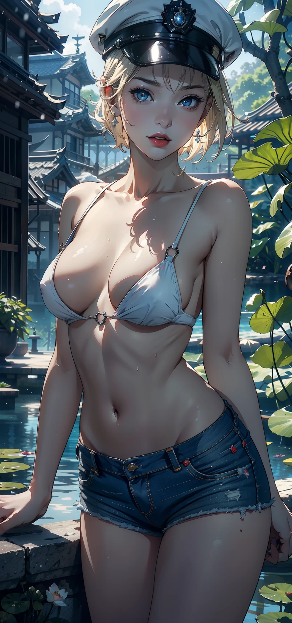 (Background with:ponds,Cherry blossom forest,lotus flower)Lie underwater, She has short blonde hair,bobo head,seen from the front,mostly cloudy sky,(((tmasterpiece),(Very detailed CG unity 8K wallpaper),best qualtiy,cinmatic lighting,detailed back ground,beatiful detailed eyes,Bright pupils,Blue eyes,Snow-whiteskin,Redlip(Very fine and beautiful),(Beautiful and detailed eye description),ultra - detailed,tmasterpiece,))facing at camera,A high resolution,ultra - detailed),revealing breasts,Bare genitalia, Bulge,legs are open,Raised sexy,Camel toes,Desire for dissatisfaction,frontage,(Wearing :耳Nipple Ring, jewely, denim short, Bare )Officer's cap