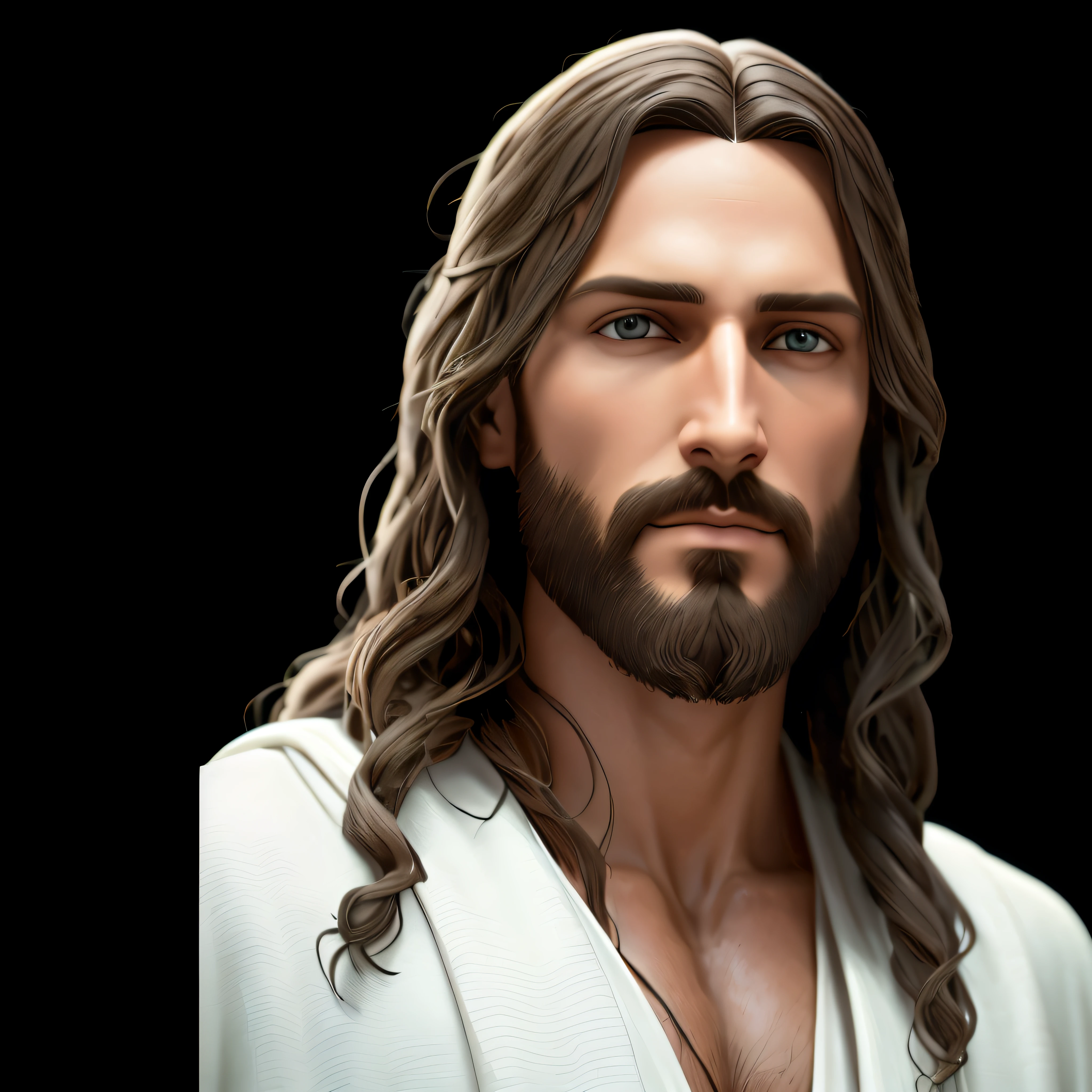 imagem arrapada de um homem com cabelos longos e barba, Retrato de Jesus Cristo, Jesus Cristo, rosto de Jesus de frente, bonito impressionante realista, Jesus, jesus of nazareth, Jesus Cristo em Mass Effect, Tron legado Jesus Cristo, Tron legado Jesus, Jesus Gigachad, escultura realista de 8k bernini, Vestido como Jesus Cristo, retrato vfx altamente detalhado de
