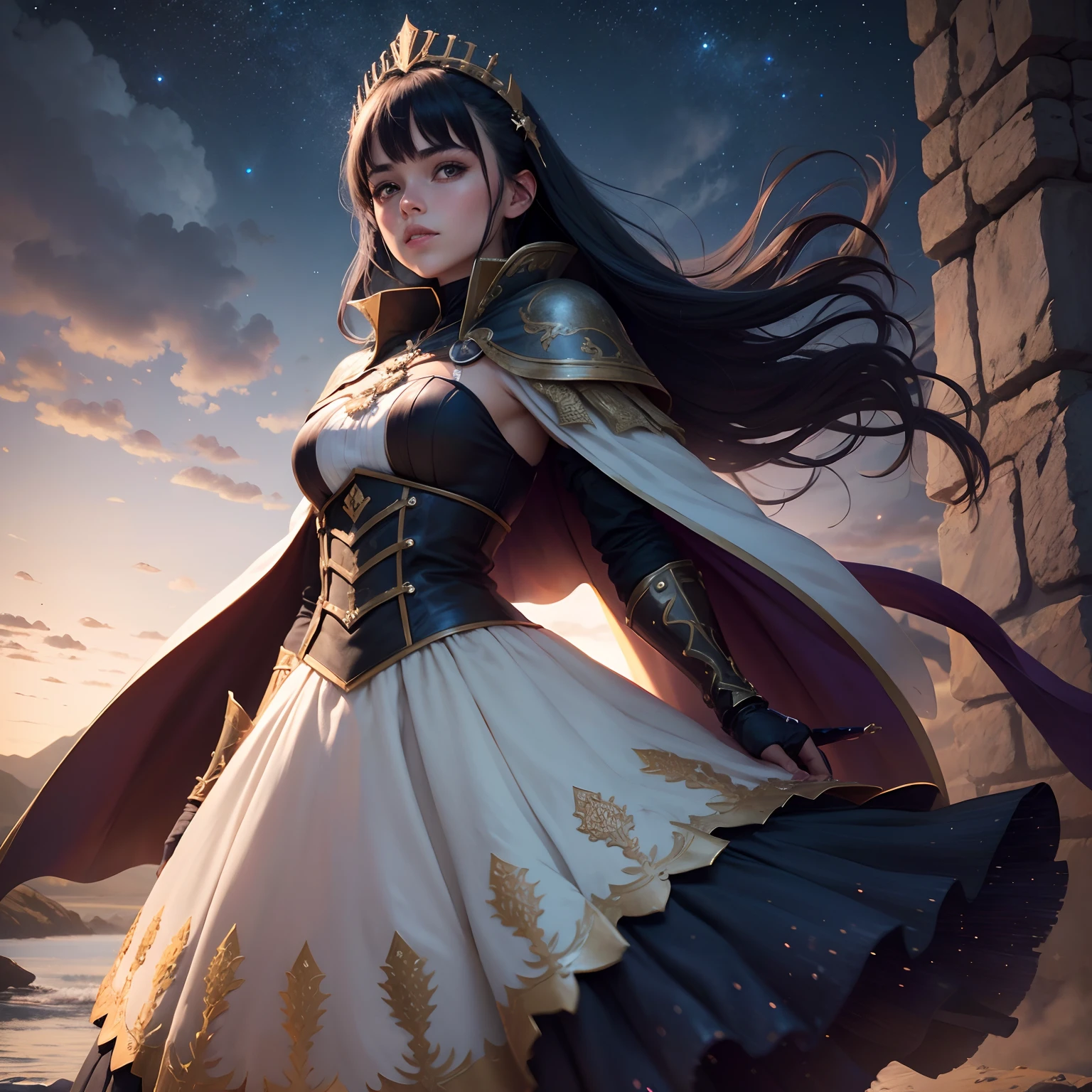 femele, Battle skirts and capes, cabellos largos dorados, Dark fantasy, A river of stars, rich details