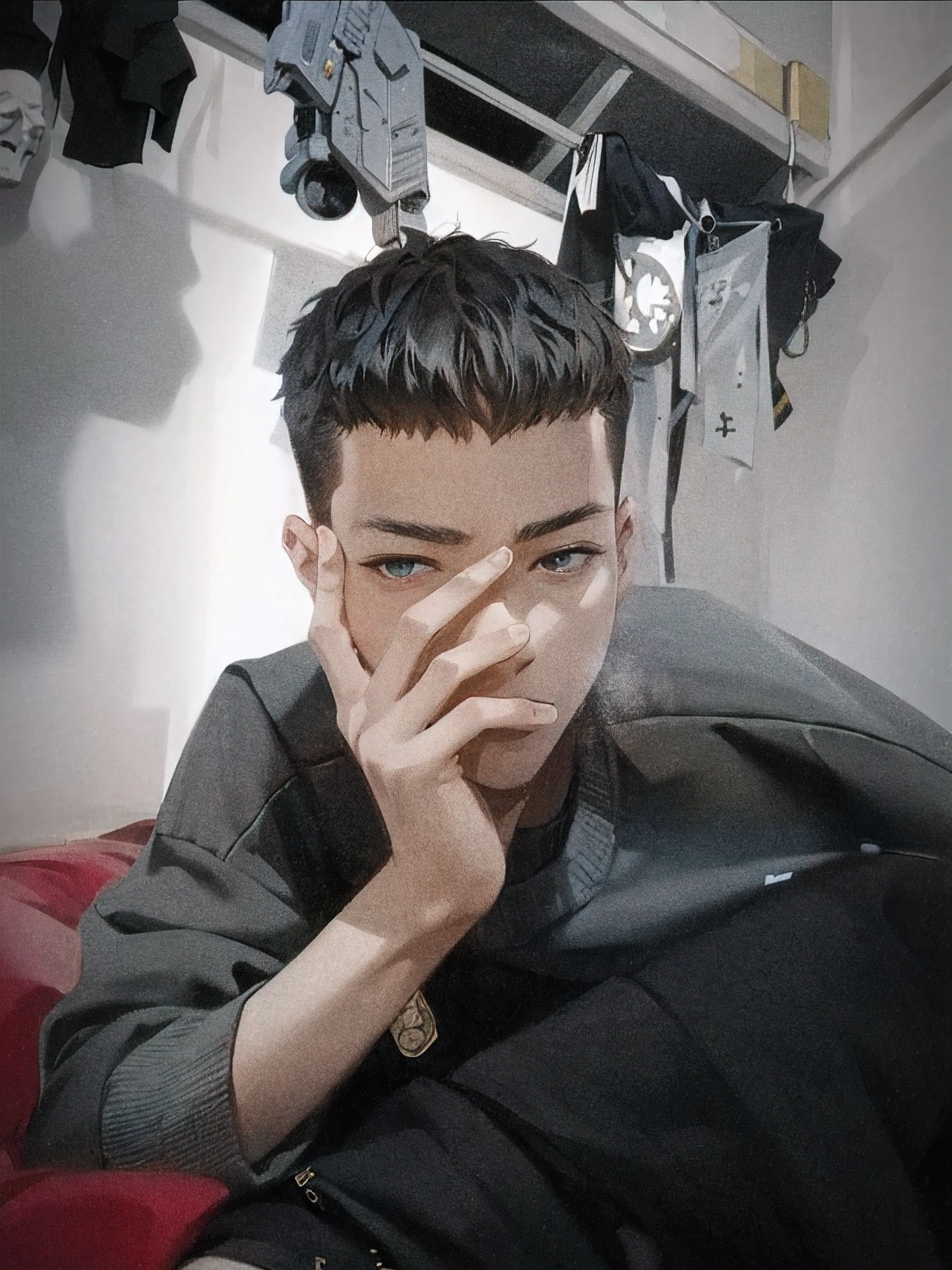 arafed man sitting on a bed with his hand on his face, 1 7 - year - old boy thin face, profile picture 1024px, boy thin face, profile pic, kanliu666, xintong chen, male ulzzang, inspired by Gang Hui-an, around 1 9 years old, inspired by Xiao Yuncong
