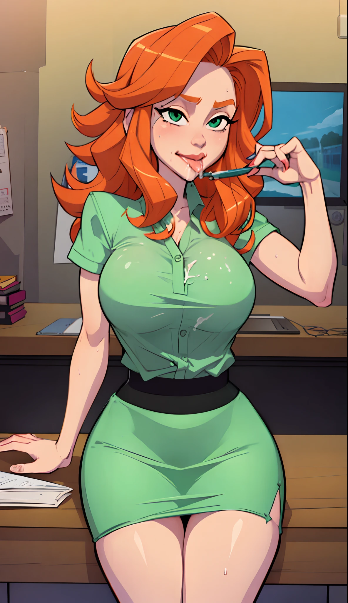 1girl, Best quality, masterpiece, cowboy shot, orange hair, green eyes, tight cloth, sitting on table, office, secretary clothes, pencil skirt, licking, drool spill, wet, big breast