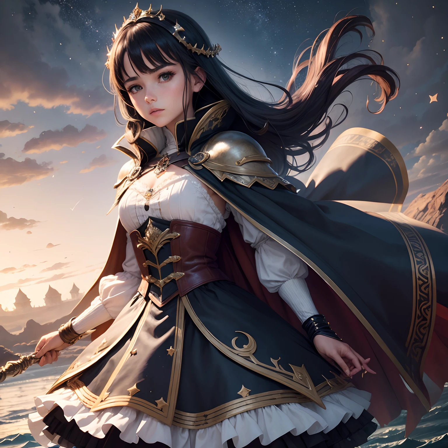 femele, Battle skirts and capes, cabellos largos dorados, Dark fantasy, A river of stars, rich details