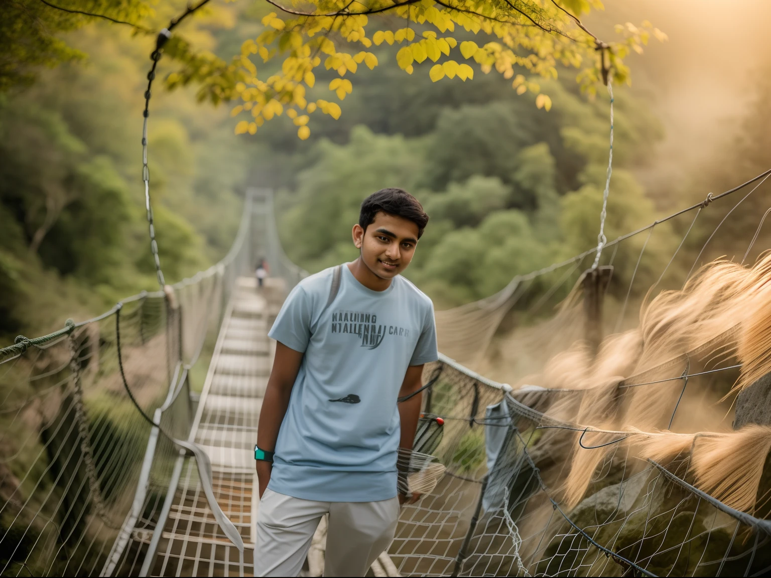 there is a man standing on a suspension bridge with a foggy background, connected with hanging bridge!!, hanging bridge!!, standing on a bridge, on a bridge, amidst nature, ayan nag, student, nivanh chanthara, suspended bridge!, around 1 9 years old, in mountains, in jungle, ash thorp khyzyl saleem, sky bridge