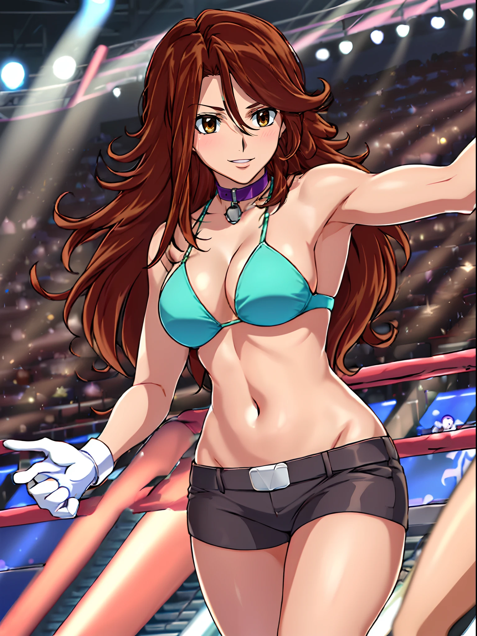 punching, Elegant lady, body view, anime style: 1.8, anime drawing, ultra detailed face, ultra detailed body, 4k, Sumergai Lee Noriega, (standing), best quality, anime style, hires, highest definition, digital blending, bold drawing lines, ((wwe diva), (location: wrestling arena, crowds watching), ( slim body, little biceps, thighs, off-shoulders, (curvy: 2.8)), ((white bikini, shorts, groin, white gloves, collar, elbow pad)), victorious, winner, gentle, (pale skin, shiny skin, very big breasts, smile), (big eyes, brown eyes), (clapping), (brown hair, loose hair, curly hair, wavy hair, long hair, missy hair), 27 years old,
