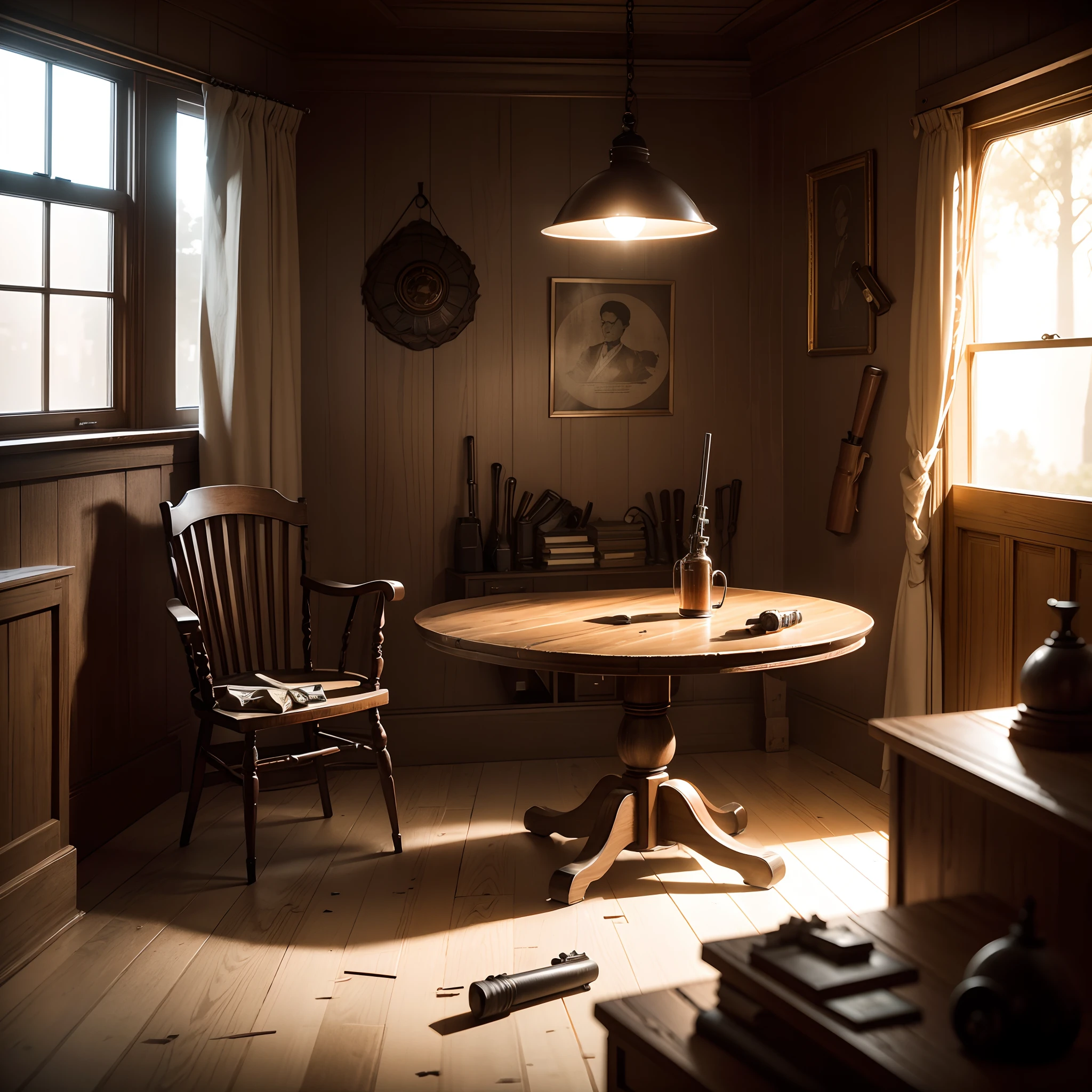 Dark room contains a revolving chair in back of a wooden table that table contains guns , bullets and grenade