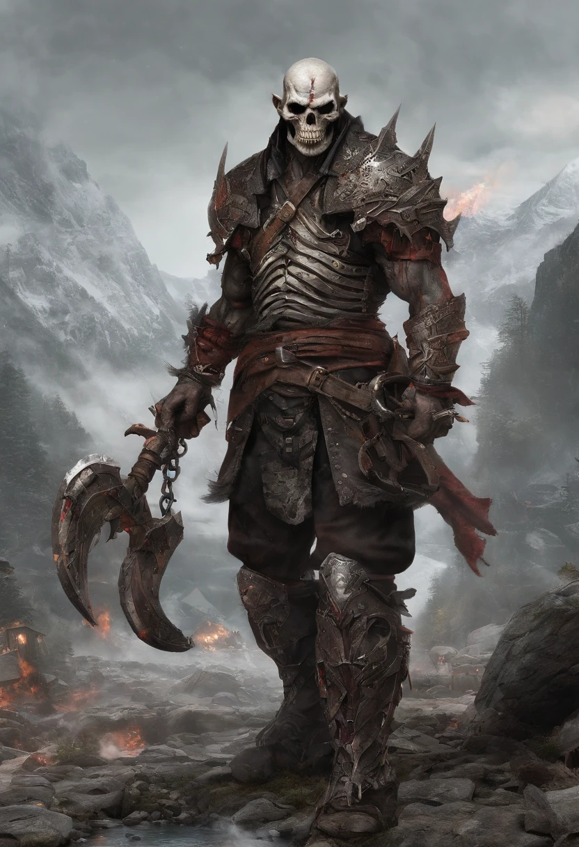 fansty world,Blood,Stout limbs,Muscular goblins,full moon,broken castles,Dark green skin,Pointed and long ears,A huge nose in front of his face,Both eyes scarlet,Two rows of crooked teeth in the mouth。A huge skeleton,Covers toned muscles,The scars were dense, and there was a stab wound to the right eye all over his body。 On the chest is the orc roaring large-mouth battle pattern,There are also spider web battle patterns all over the body。 Usual time,The body is painted with barbaric war emblems, immovable mountains and guardians,Wears a uniform dust iron helmet, shoulder armor and stomach shield to protect the waist,The lower body is wearing leg armor iron shoes,Carrying Gobo's sledgehammer on his back,The iron chain wrapped around the entire right arm like armour。 Or wear a giant wolf king, a leading wolf skin, wearing a belt bag, trousers, and a chain leather long skirt。 Burning flame,Blood,Moon Night,中景 the scene is,Full body like, highly detailed surreal vfx,oc rendered,Shot with 70 mm - AR 16:9 --q 2 --s 1000