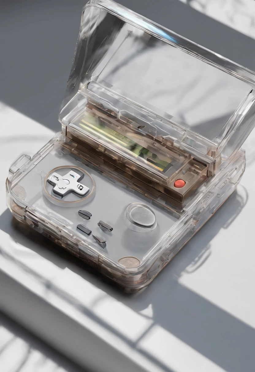 A see through polycarbonate game boy designed by Dieter Rams. industrial design inspiration. Unreal engine render, natural lighting, on desk, beautiful shot