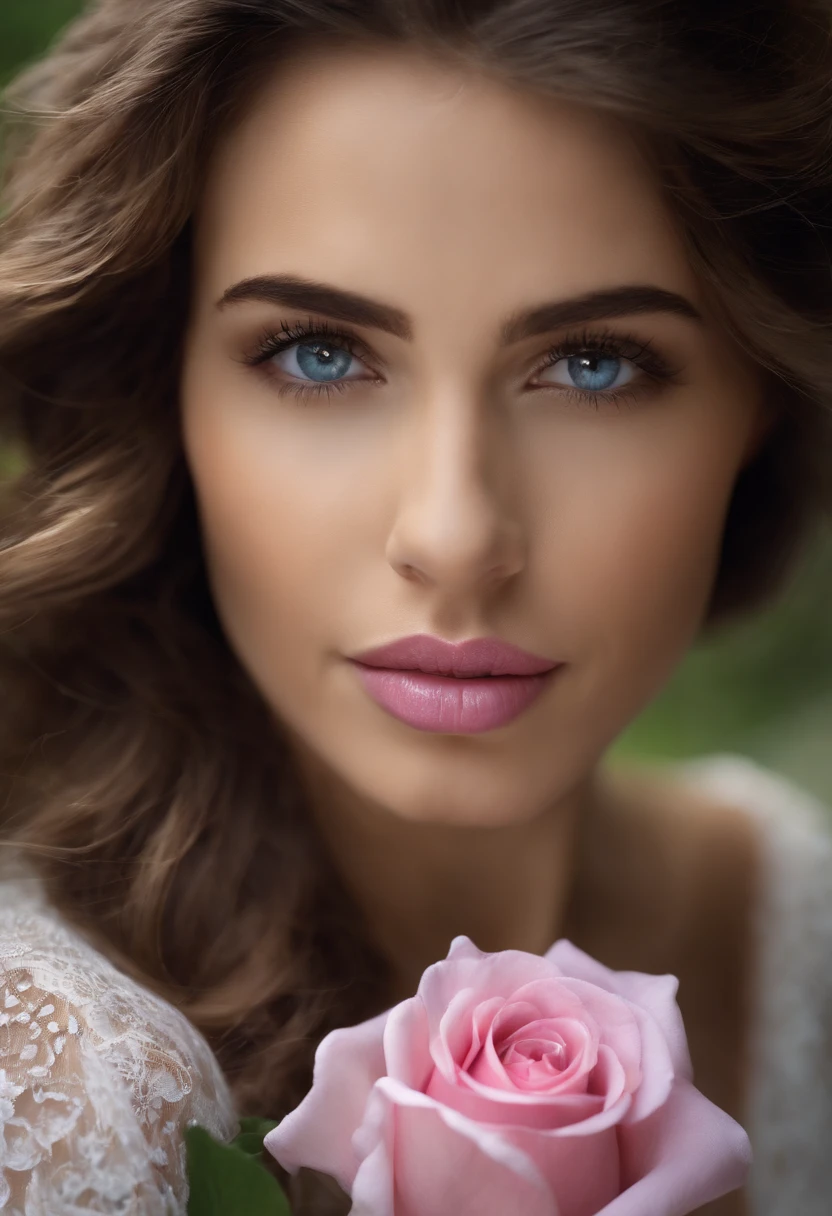 Crie uma imagem realista, de uma mulher branca, brown hair and pink lips, Wise, Romantic, jovem, usando cores como: lilac, azul clarinho, branco e flores de baunilha. She is a passionate soul who combines wisdom and sensitivity in her search for love and emotional connection. Her appearance is graceful and delicate and passionate with soft and expressive facial features. Her eyes convey wisdom and a romantic flame, seu cabelo longo e sedoso cai em ondas suaves. Ela veste roupas leves e fluidas, with pastels and delicate details. In the hands, She holds an open book of poetry or a diary, and her soft expression face that tell stories of love experiences. His expression is serene and welcoming, reflecting your deep understanding of love and relationships. This Romantic Wise Woman Is A Love Counselor, symbol of harmony between the wisdom acquired throughout life and the search for true love. Wise Archetype. Com livros, e flores.