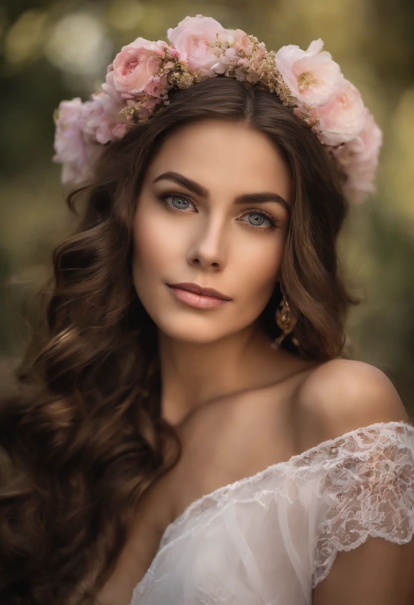 Crie uma imagem realista, de uma mulher branca, brown hair and pink lips, Wise, Romantic, jovem, usando cores como: lilac, azul clarinho, branco e flores de baunilha. She is a passionate soul who combines wisdom and sensitivity in her search for love and emotional connection. Her appearance is graceful and delicate and passionate with soft and expressive facial features. Her eyes convey wisdom and a romantic flame, seu cabelo longo e sedoso cai em ondas suaves. Ela veste roupas leves e fluidas, with pastels and delicate details. In the hands, She holds an open book of poetry or a diary, and her soft expression face that tell stories of love experiences. His expression is serene and welcoming, reflecting your deep understanding of love and relationships. This Romantic Wise Woman Is A Love Counselor, symbol of harmony between the wisdom acquired throughout life and the search for true love. Wise Archetype. Com livros, e flores.