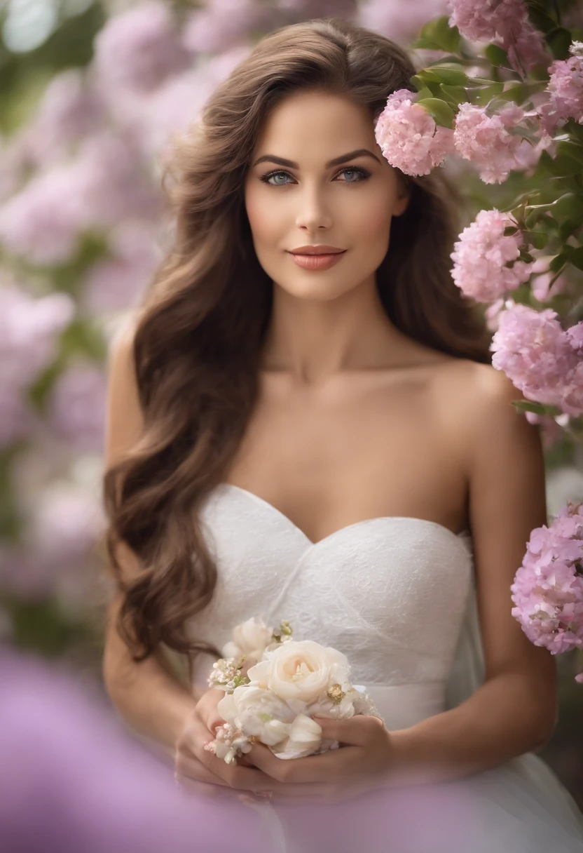 Crie uma imagem realista, de uma mulher branca, brown hair and pink lips, Wise, Romantic, jovem, usando cores como: lilac, azul clarinho, branco e flores de baunilha. She is a passionate soul who combines wisdom and sensitivity in her search for love and emotional connection. Her appearance is graceful and delicate and passionate with soft and expressive facial features. Her eyes convey wisdom and a romantic flame, seu cabelo longo e sedoso cai em ondas suaves. Ela veste roupas leves e fluidas, with pastels and delicate details. In the hands, She holds an open book of poetry or a diary, and her soft expression face that tell stories of love experiences. His expression is serene and welcoming, reflecting your deep understanding of love and relationships. This Romantic Wise Woman Is A Love Counselor, symbol of harmony between the wisdom acquired throughout life and the search for true love. Wise Archetype. Com livros, e flores.