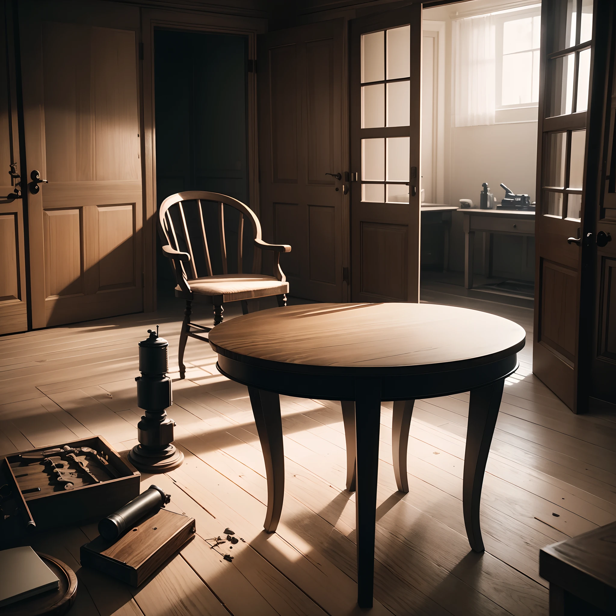 Dark room contains a revolving chair in back of a wooden table that table contains guns , bullets and grenade zoom on to the table