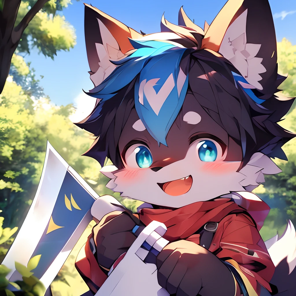 (high quality: 1.2), (detailed: 1.2), (well-lit), (1boy), (kemono style), (furry), (black wolf), (healthy body), (happy expression), (holding small axe), (beautiful forest and blue sky background)