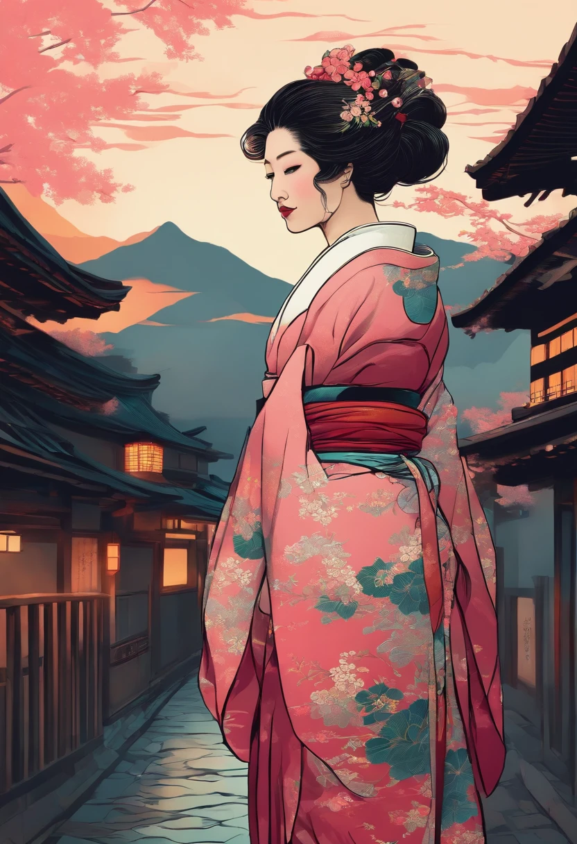 Japanese traditional dress, Katsushika Hokusai Style, (cyberpunk) (neon)