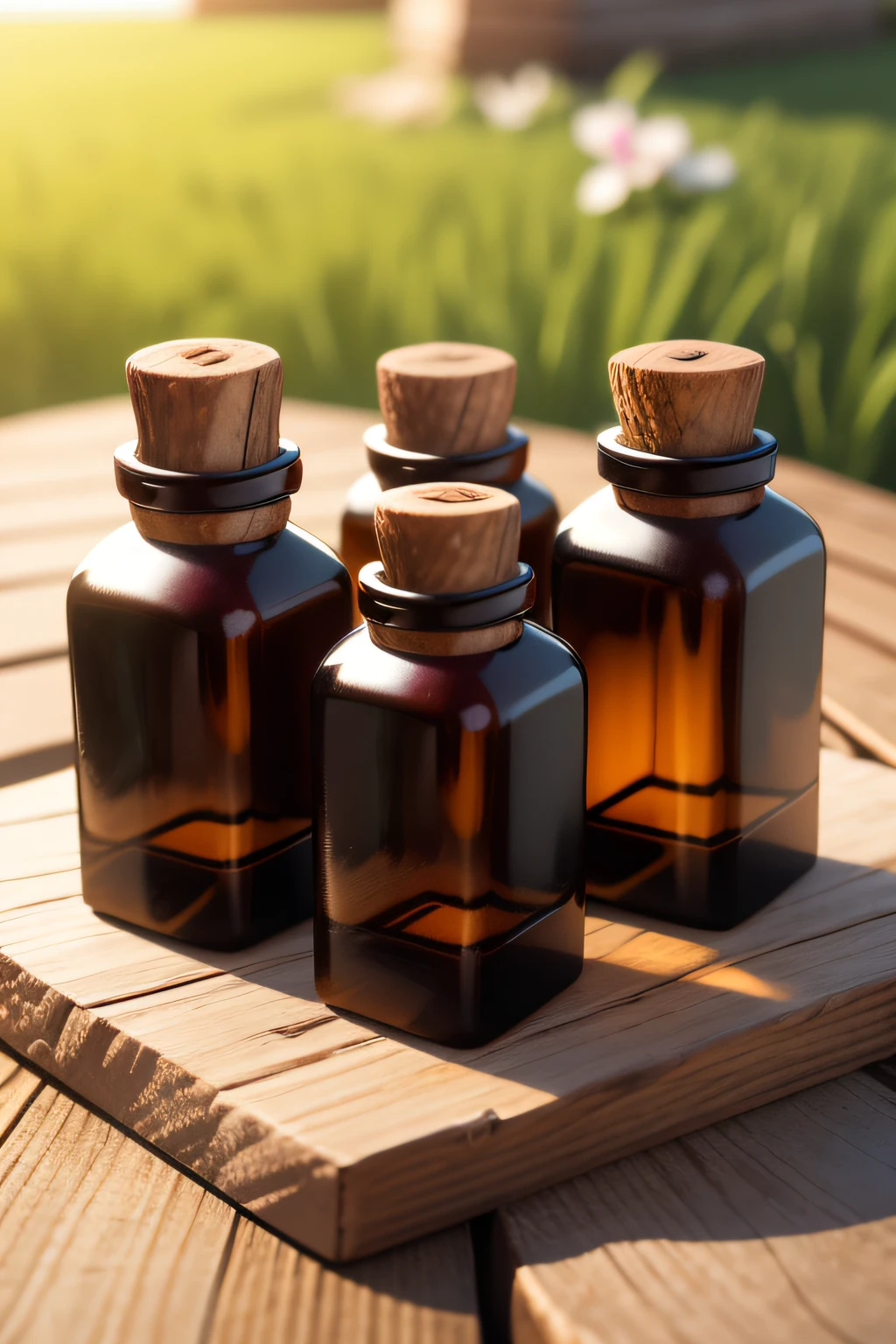 Close-up of several bottles of essential oils on a wooden or stone table. Square Image Orientation 1:1