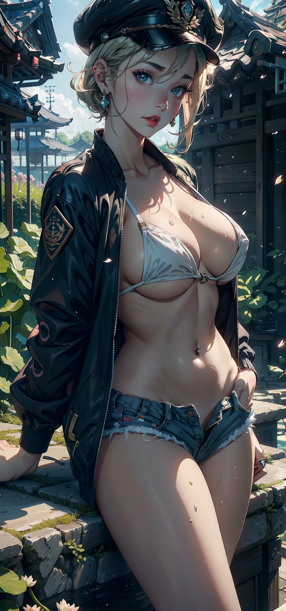 (Background with:ponds,Cherry blossom forest,lotus flower)Lie underwater, She has short blonde hair,bobo head,seen from the front,mostly cloudy sky,(((tmasterpiece),(Very detailed CG unity 8K wallpaper),best qualtiy,cinmatic lighting,detailed back ground,beatiful detailed eyes,Bright pupils,Blue eyes,Snow-whiteskin,Redlip(Very fine and beautiful),(Beautiful and detailed eye description),ultra - detailed,tmasterpiece,))facing at camera,A high resolution,ultra - detailed),revealing breasts,Bare genitalia, Bulge,legs are open,Raised sexy,Camel toes,Desire for dissatisfaction,frontage,(Wearing :耳Nipple Ring, jewely, denim short, Dark green bomber jacket,Bare )Officer's cap