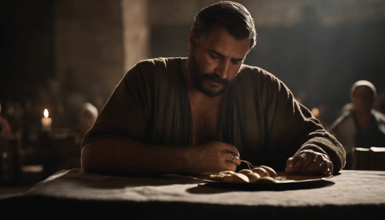 um homem dando duas moedas de prata ao dono da hospedaria. Good Samaritan Passage from the Bible
