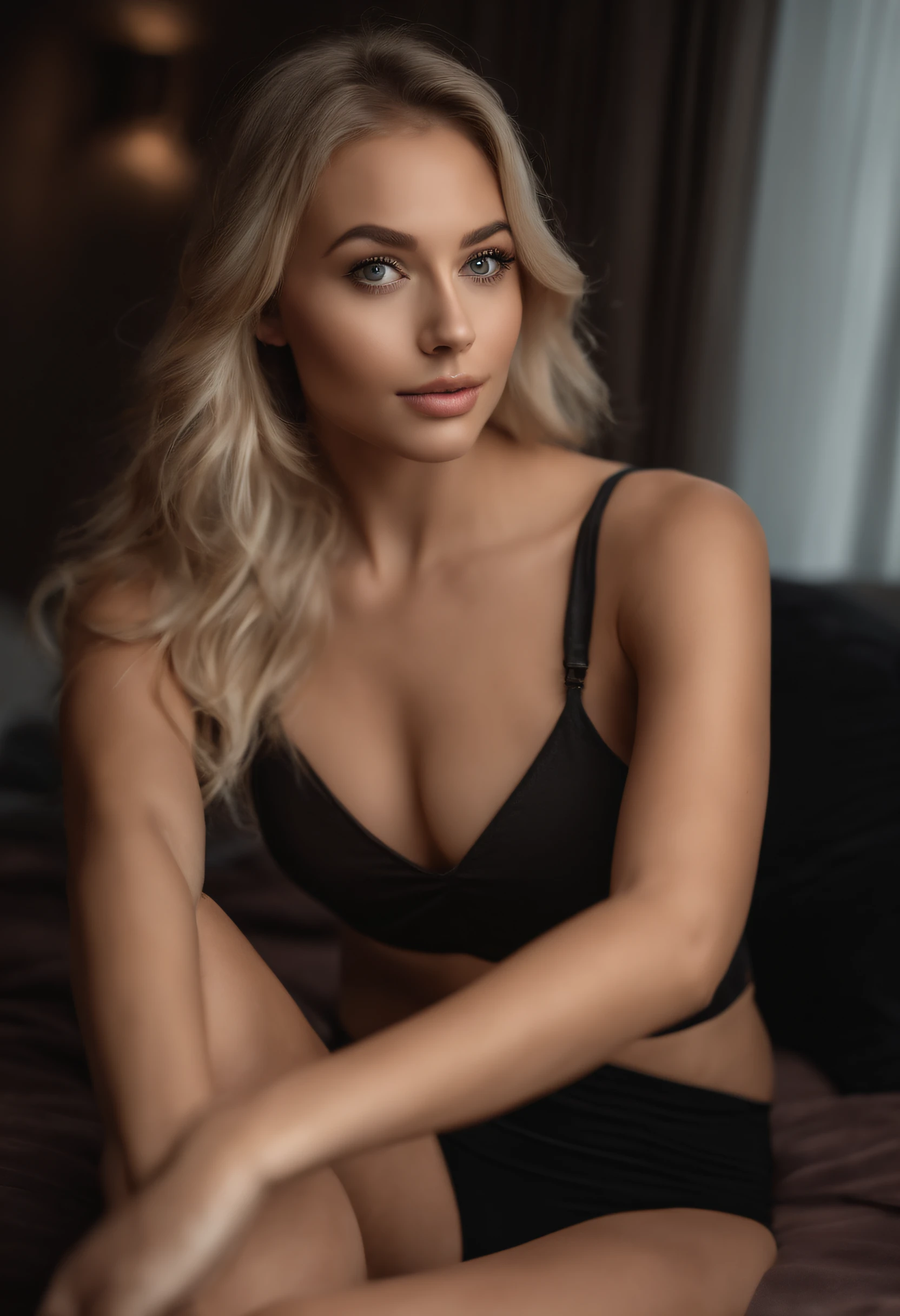 Arafed woman with matching tank top and panties, Sexy girl with brown eyes, portrait sophie mudd, blonde hair and large eyes, Selfie einer jungen Frau, Augen im Schlafzimmer, Violet Myers, ohne Make-up, Natural makeup, Blick direkt in die Kamera, Gesicht mit Artgram, dezentes Make-up, Stunning full body shot, im Schlafzimmer, Spaltung