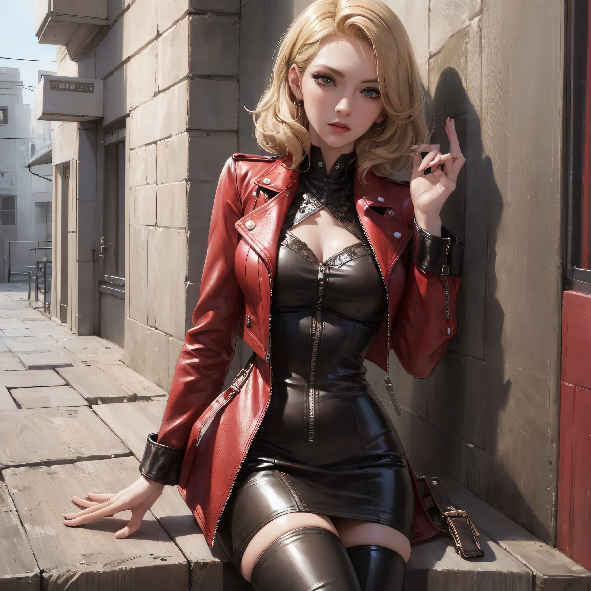 (hyper-realistic), (illustration), (high resolution), (8K), (extremely detailed), (best illustration), (beautiful detailed eyes), (best quality), (ultra-detailed), (masterpiece), (wallpaper), (detailed face) 1 girl, short blonde hair on the shoulder, a fringe, slightly defined abdomen, sexy, in high detail, natural red lip, emerald green eyes, long eyelashes, flushed cheeks, medium breasts, highly detailed, red dress, short, thin straps, neckline, black leather jacket, boots, high rendering --auto --s2