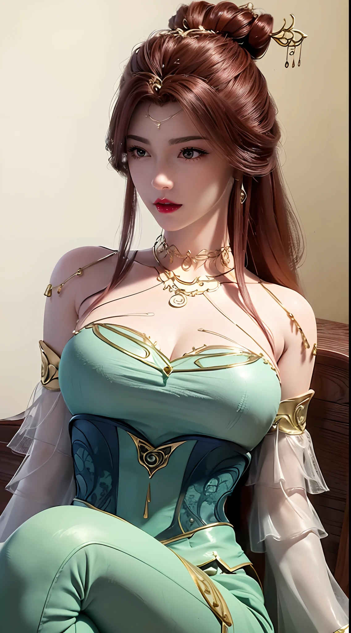 1 beautiful and sexy 20 year old girl, ((wear period costumes green:1.6)), hanfu style, waist-length brown hair, jewelry elaborately made from precious stones and beautiful hair, ((wearing a 24k gold lace necklace:1.4)), the noble, noble style of an extremely beautiful girl, her small face is super cute, her face is very pretty, thin eyebrows, flawless beautiful face, ((black eye pupils: 0.8)), very beautiful eyes, ((brown eyes: 1.6)), (((big round eyes:1.6))), nice makeup and hair detailed eyelashes, steamy eye makeup, high nose, earrings, red lips, ((closed mouth: 1.5)) beautiful lips, slim hands, most beautiful thighs, ((arms spread out to the sides: 1.5)), rosy face, clean face, flawless beautiful face, smooth white skin, (big breasts: 1.5)), tight breasts, beautiful cleavage, (((big breasts and super round: 1.8))), beautiful breasts, perfect body, back arms, chest out, ((sitting position, leaning back with hands behind and chest raised high: 1.8)), ((Open your legs:1.5)), not ashamed, 8k photo, super high quality, super realistic, super 10x pixels, optical, bright studio, bright edges, dual-tone lighting, (high-detail skin:1.2), super 8k, soft lighting, high quality, volumetric lighting, photorealistic, photorealistic high resolution, lighting, best photo, 4k, 8k quality, smooth sharp, 10x pixel, ((Romantic bedroom and white bed background:1.5)), aurora, lightning, super graphics realistic, most realistic graphics, 1 girl, alone, solo, Extremely sharp image, surreal, (((frontal portrait: 1.5)))."