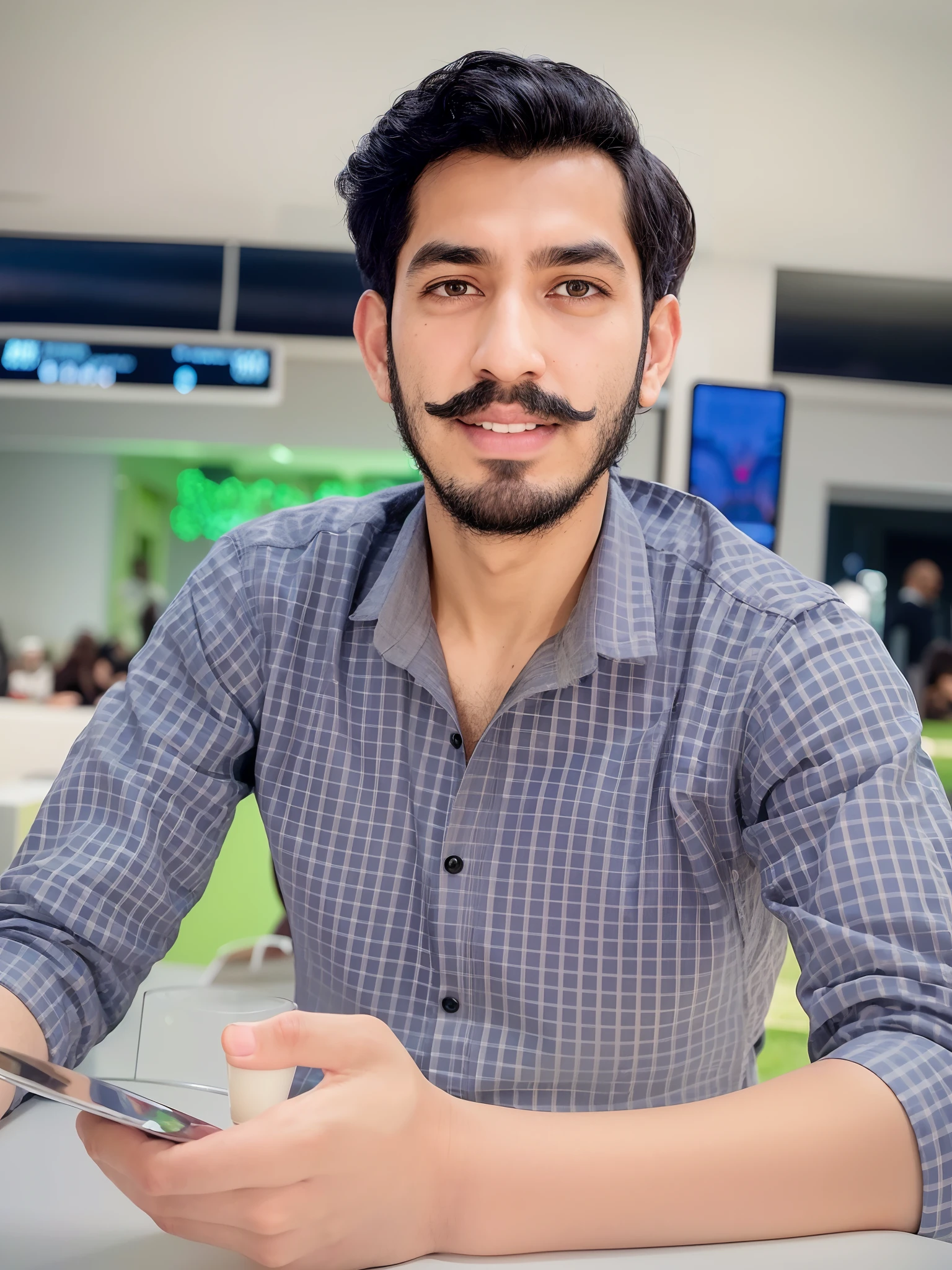 arafed man with a mustache and a beard sitting at a table, kyza saleem, khyzyl saleem, mohamed chahin, riyahd cassiem, ismail, taken with sony alpha 9, ash thorp khyzyl saleem, handsome man, very clear picture, 8k selfie photograph, taken with sony a7r camera