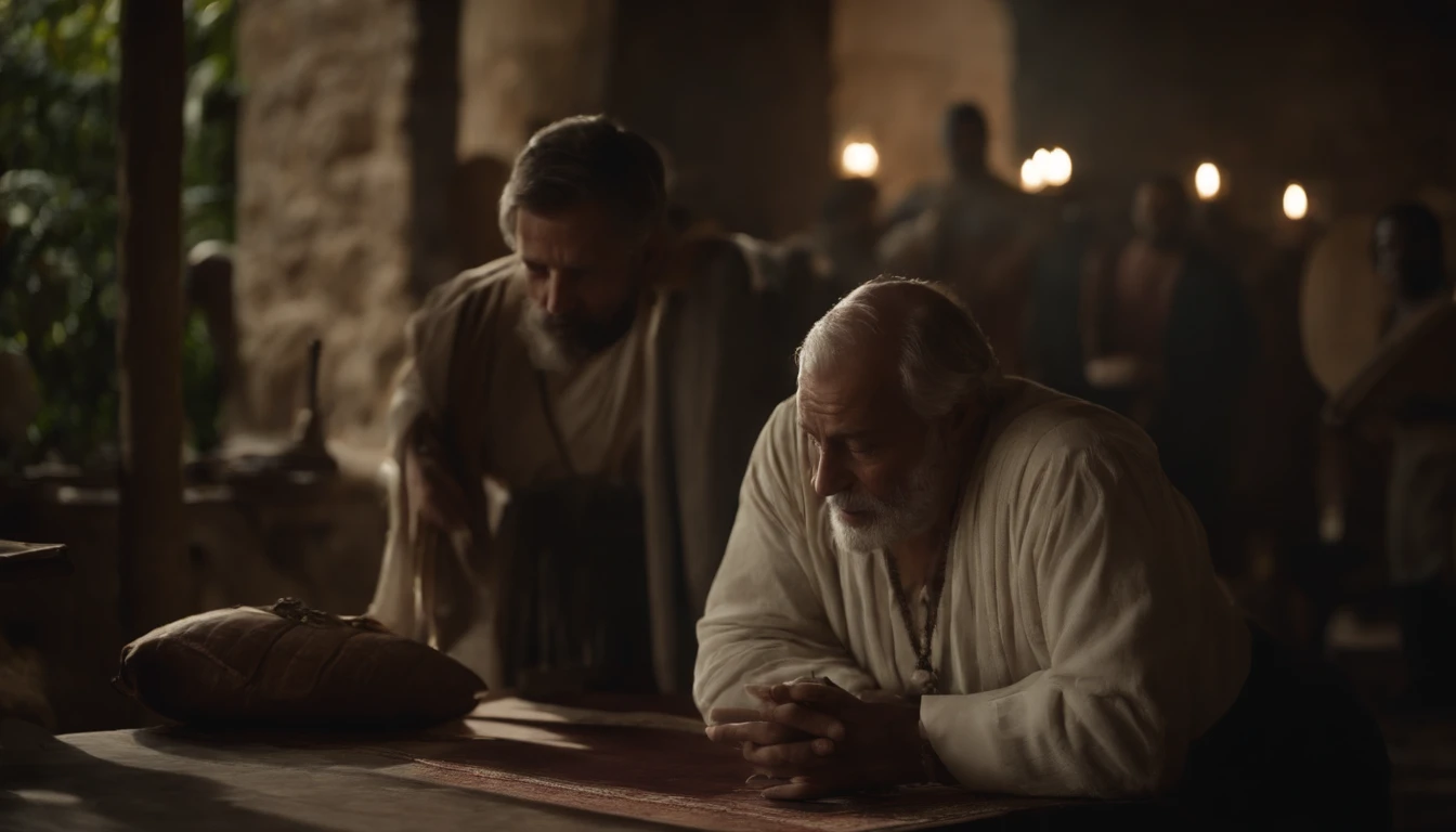 um homem dando duas moedas de prata ao dono da hospedaria. Good Samaritan Passage from the Bible