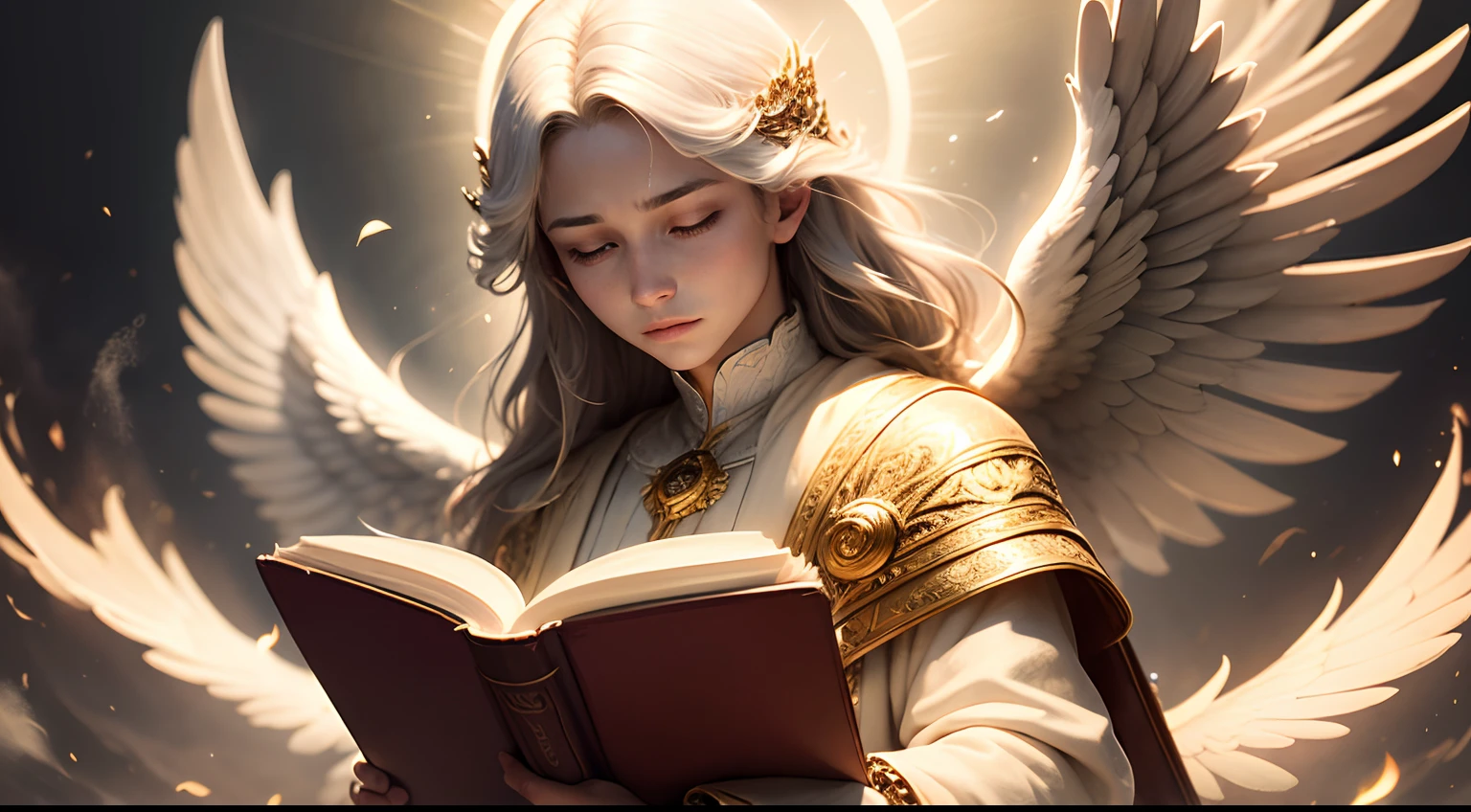 An angelic figure emerges from a soft, ethereal glow, graciously holding a book of wisdom in his delicate hands. The angel's radiant wings extend majestically exuding an otherworldly luminescence. Rays of celestial light illuminate the pages of the book, casting a soft glow on his serene face. The angel's serene expression suggests a deep understanding of the knowledge contained in the book.