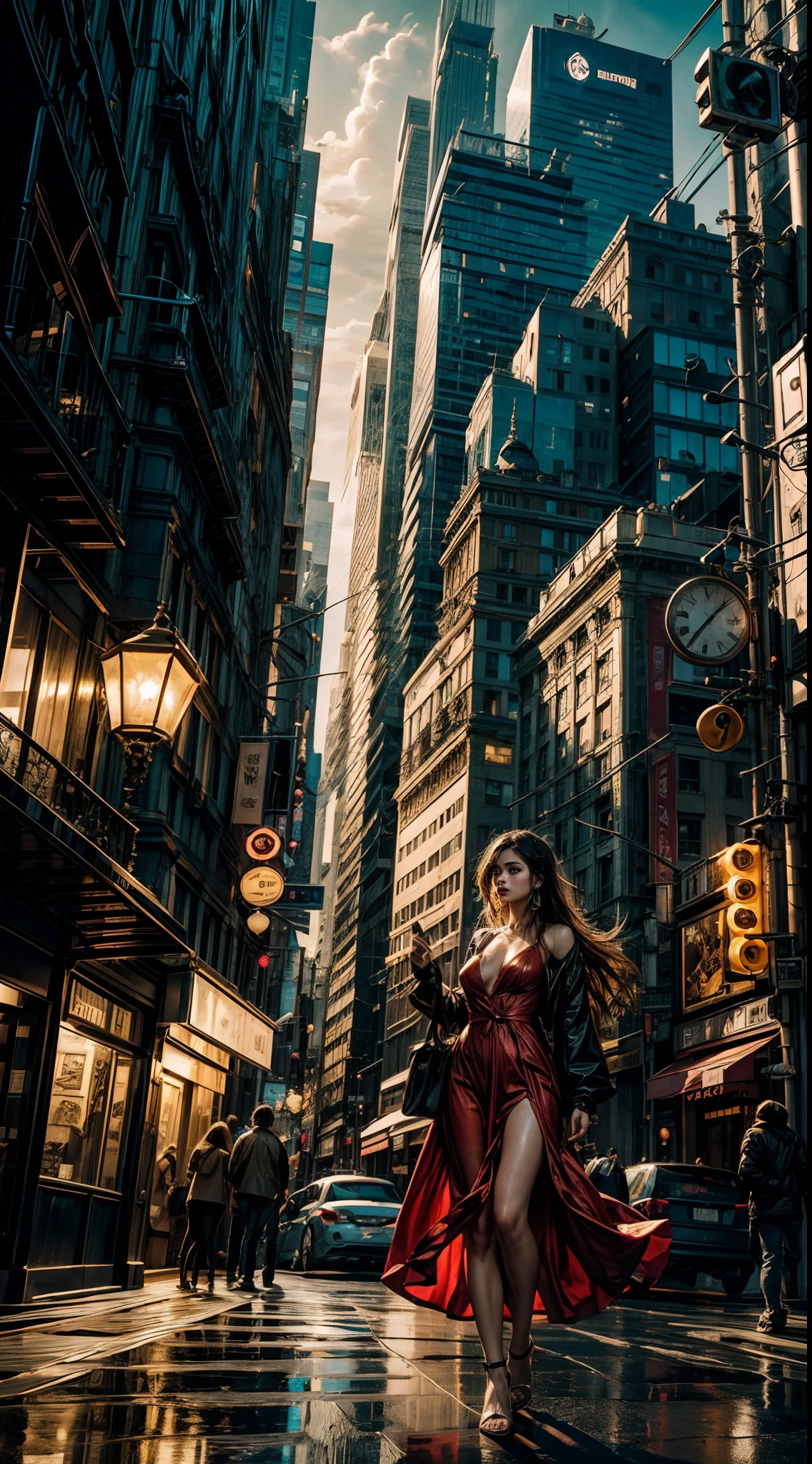 long flowing hair, wearing a vibrant red dress, surrounded by futuristic technology, in a cityscape filled with towering skyscrapers and neon lights, with a sense of wonder and exploration in her eyes, capturing the essence of a modern and technologically advanced world, with a touch of fantasy and magic, bathed in warm golden tones, highlighting the beauty of the scene, brought to life with dynamic lighting, and bringing out the intricate details and textures of the artwork, evoking a sense of awe and admiration.