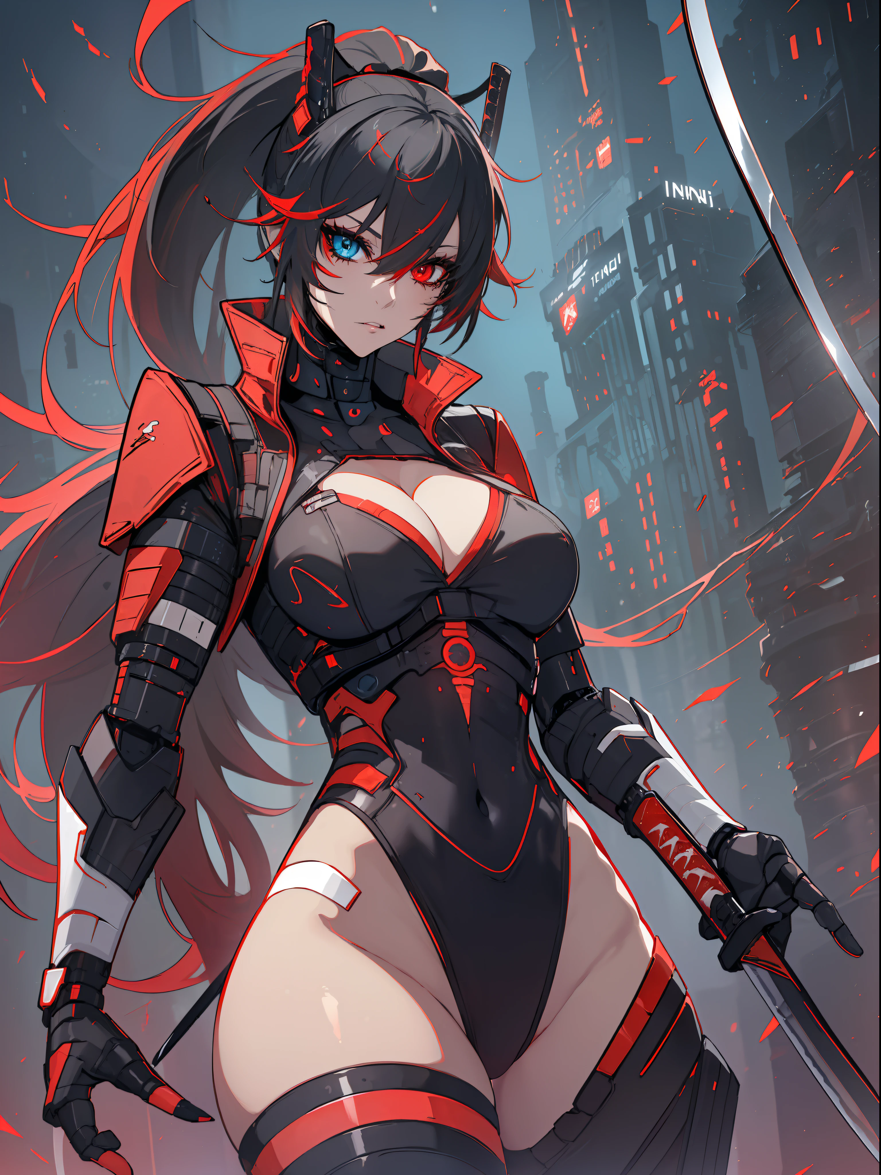 (best quality, masterpiece, anime) (solo) (black hair with red and white highlights:1.2, very long hair, single ponytail), (heterochromia_eyes_red_and_blue:1.4), thick thighs, huge breasts, muscular, athletic, (cyborg:1.4), (robot arms:1.2), (robot legs:1.2), (high-leg leotard:1.6, one-piece, red_black_outift:1.3, cleavage), (jacket), headgear, toned body, 1 woman, (age 26), (cyber katana:1.6), (cyberninja:1.6), beautiful, sexy, first rate body, Lucia_Crimson_Weave, Lucia