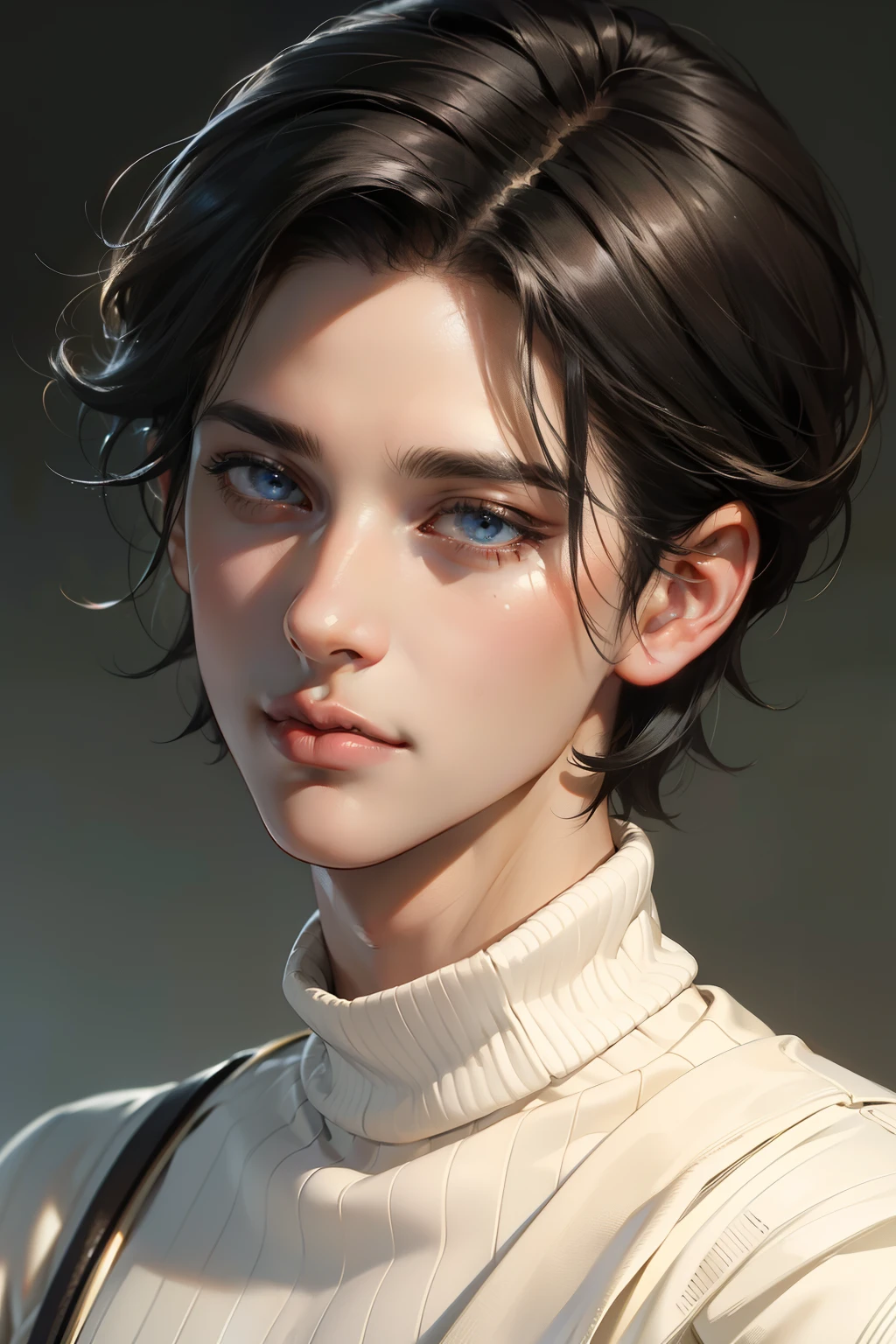 portrait of a Beautiful 28 year old man, (masterpiece:1.3), (8k, photorealistic, RAW photo, best quality: 1.4), (1 man), manly neat face, (realistic face), (black hair, short hair:1.3), beautiful hairstyle, realistic eyes, beautiful detailed eyes, (realistic skin), beautiful skin, (turtleneck sweater), absurdres, attractive, ultra high res, ultra realistic, highly detailed, golden ratio