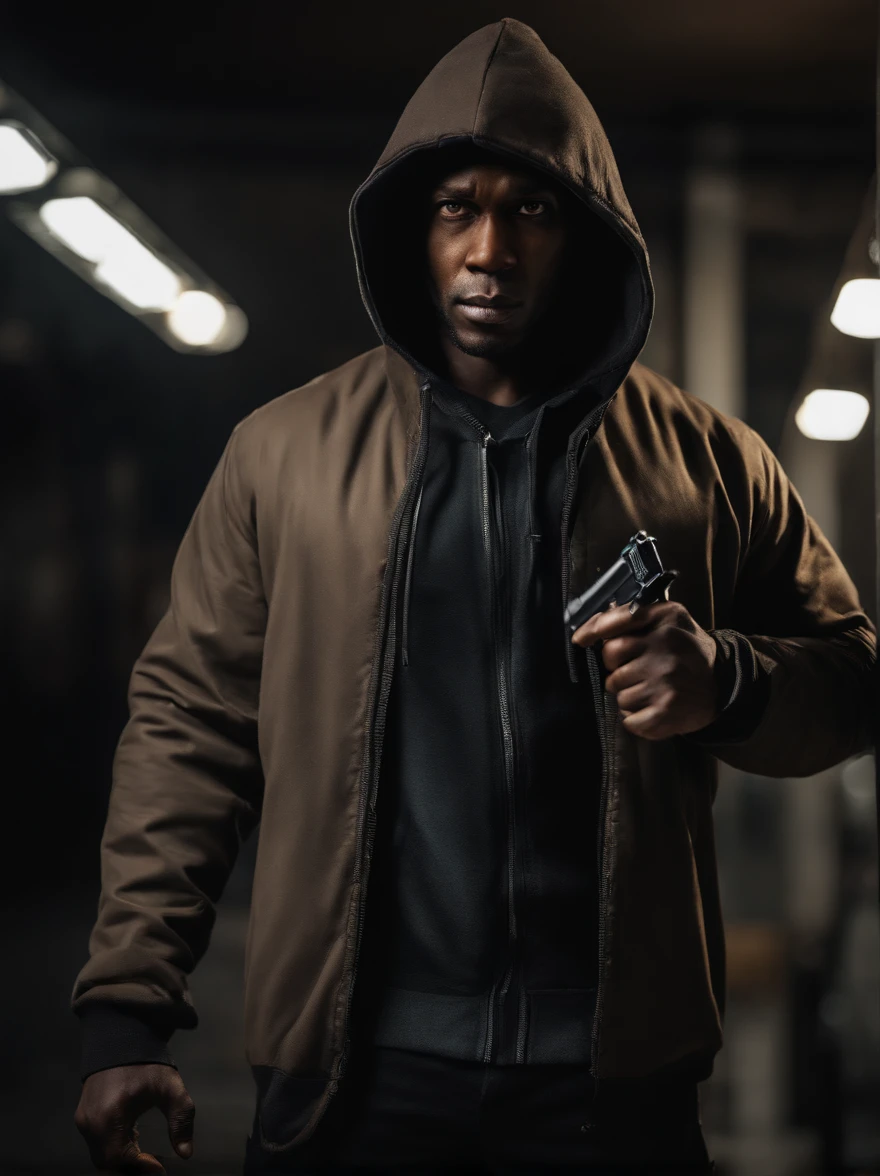 An black American thief holding a pistol, gun, aiming forward, evil thief, bad guy, thief hoodie, looking towards the camera, horrific, look into the camera, detailed, shot, dramatic, daylight, indoor studio light, medium shot, highly detailed, thief clothing, evil, crook, thief, gun, vibrant, detailed texture, detailed face expression, medium shot, full body, ultrawide, long full shot, full body, realistic, bright, ultrarealistic, realistic focus faces, bright scene, city, 8k