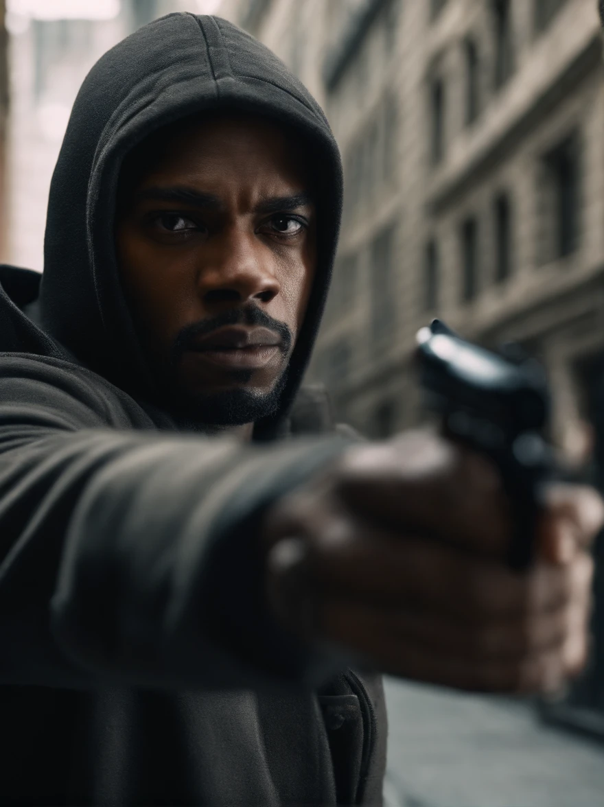 An black American thief holding a pistol, gun, aiming forward, evil thief, bad guy, thief hoodie, looking towards the camera, horrific, look into the camera, detailed, shot, dramatic, daylight, indoor studio light, medium shot, highly detailed, thief clothing, evil, crook, thief, gun, vibrant, detailed texture, detailed face expression, medium shot, full body, ultrawide, long full shot, full body, realistic, bright, ultrarealistic, realistic focus faces, bright scene, city, 8k