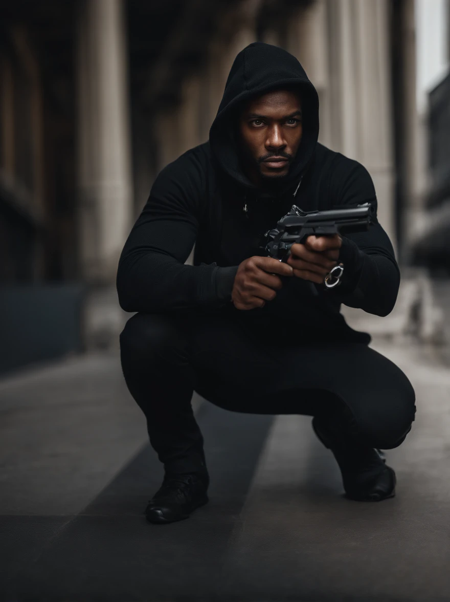 An black American thief holding a pistol, gun, aiming forward, evil thief, bad guy, thief hoodie, looking towards the camera, horrific, look into the camera, detailed, shot, dramatic, daylight, indoor studio light, medium shot, highly detailed, thief clothing, evil, crook, thief, gun, vibrant, detailed texture, detailed face expression, medium shot, full body, ultrawide, long full shot, full body, realistic, bright, ultrarealistic, realistic focus faces, bright scene, city, 8k