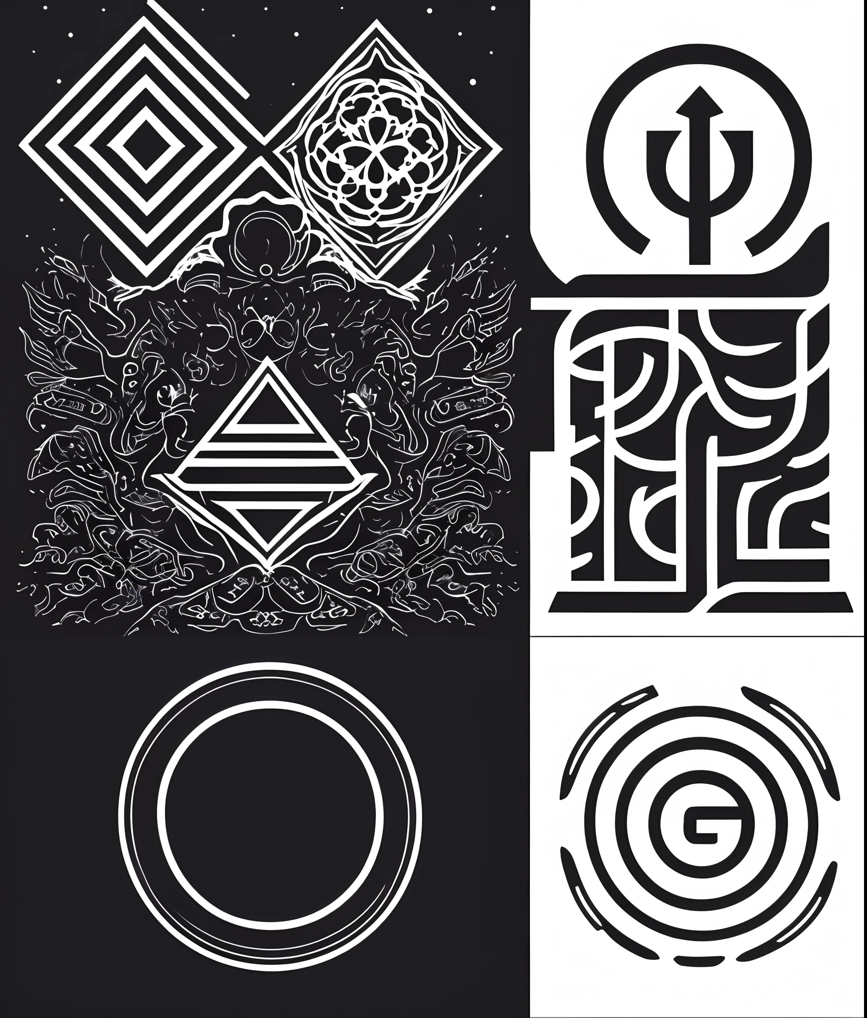 Esoteric set of four different magical symbols, Preto e branco, Minimalist geometric in bold, Glyphs Magic Pictograms, fundo preto, branco e roxo