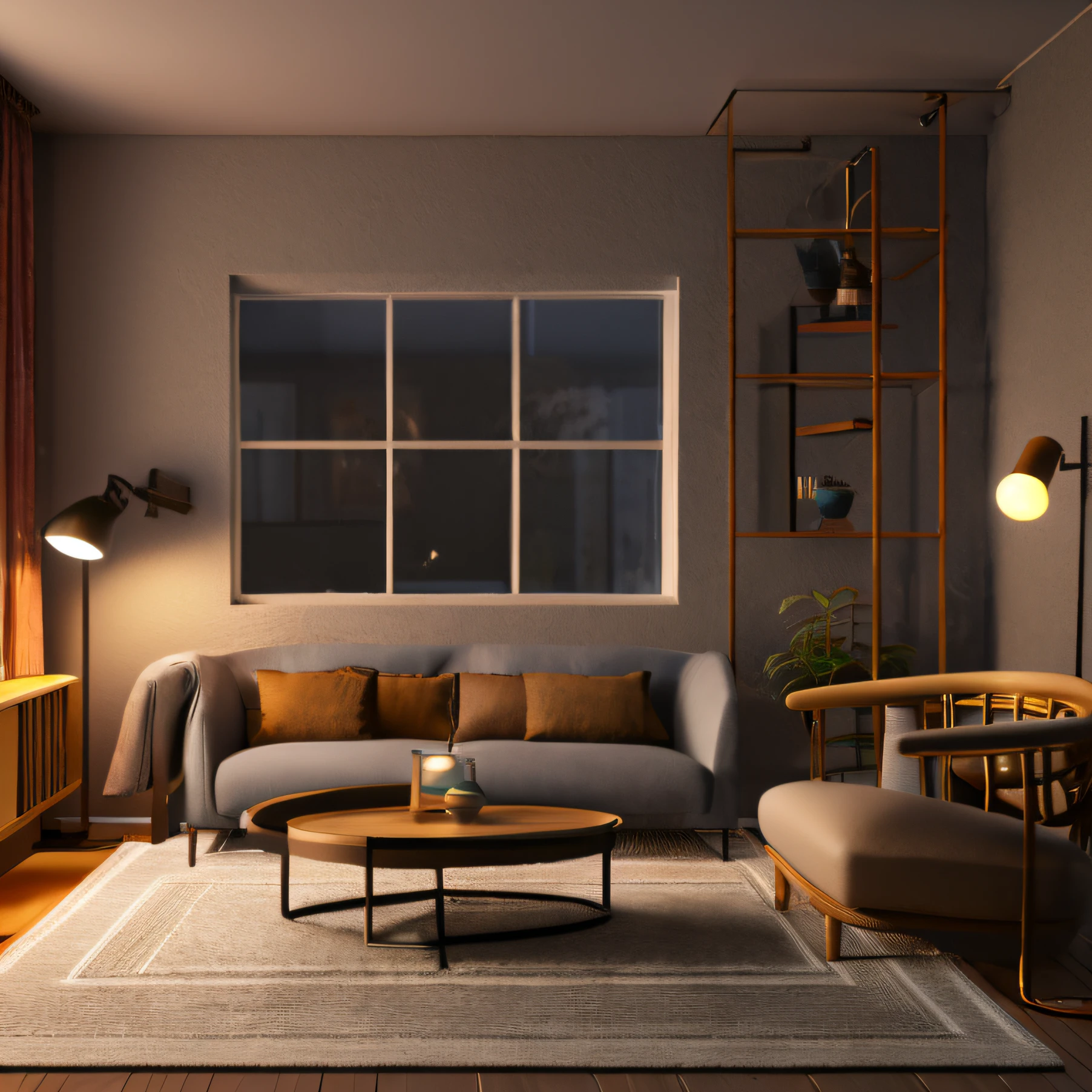 3d render of a vintage, cozy interior lighting, artstation, ultra detailed, cinematic, daz, hyper realistic, octane, A realistic dollhouse living room with furniture and window at night. Artwork table decoration with handmade realistic dollhouse, 3DMDT1