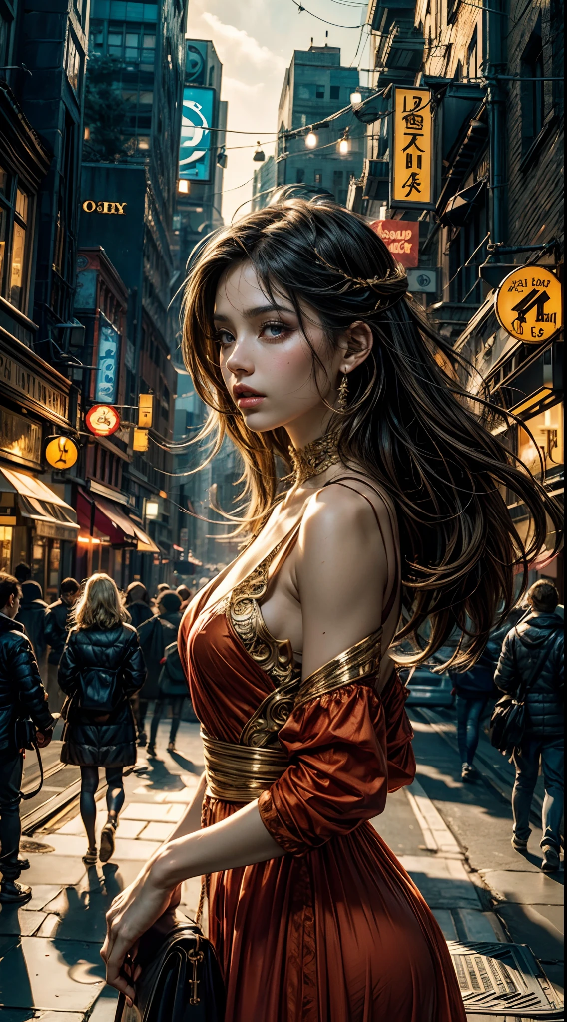 best quality,4k,8k,highres,masterpiece:1.2,ultra-detailed,realistic:1.37,HDR,UHD,studio lighting,ultra-fine painting,sharp focus,physically-based rendering,extreme detail description,professional,dynamic angle, high octane action,dynamic pose, joy expression, (A woman, accompanied by her guardian familiar, stands in a vibrant and bustling city. The woman, dressed in stylish and unique attire, exudes confidence and determination. The woman projects an aura of strength and power.), (Beside the woman, her guardian familiar manifests in the form of a Yokai, a supernatural creature known for its mystical abilities. With intricate details and vibrant colors, the Yokai emanates an otherworldly presence. It serves as a visual representation of the woman's inner self, both a protector and a source of power.), (Surrounding the woman and the Yokai, the cityscape comes alive with bustling streets, vibrant signs, and towering skyscrapers. The city is bathed in the hues of sunset, casting a warm and mysterious glow over the scene. The lights from the city create an enchanting ambiance, highlighting the contrast between the modern metropolis and the fantastical elements of the woman and the Yokai.), (In terms of art style, the image is brought to life with bold lines, dynamic poses, and a unique blend of realism and fantasy. The art style seamlessly integrates the supernatural elements with the urban setting, creating a visually striking composition.), (The lighting in the image is carefully crafted to enhance the atmosphere and mood. Soft, diffused light illuminates the woman's face, accentuating their features and adding a touch of mystery. The cityscape is bathed in golden hues, creating a warm and inviting ambiance that contrasts with the supernatural elements of the scene.)