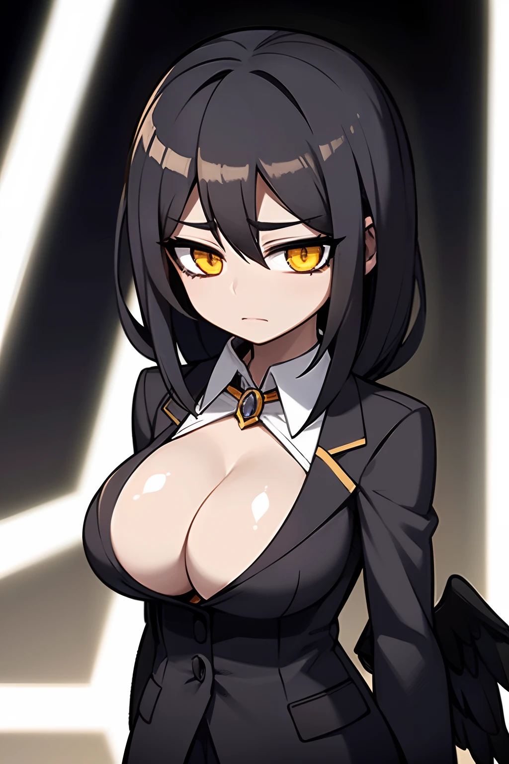 albedo, albedo (master), Office suit, amber eyes, black hair, White Horns, Black Wings of an Angel, big breastes, open neck, The collar is unbuttoned, A sad look