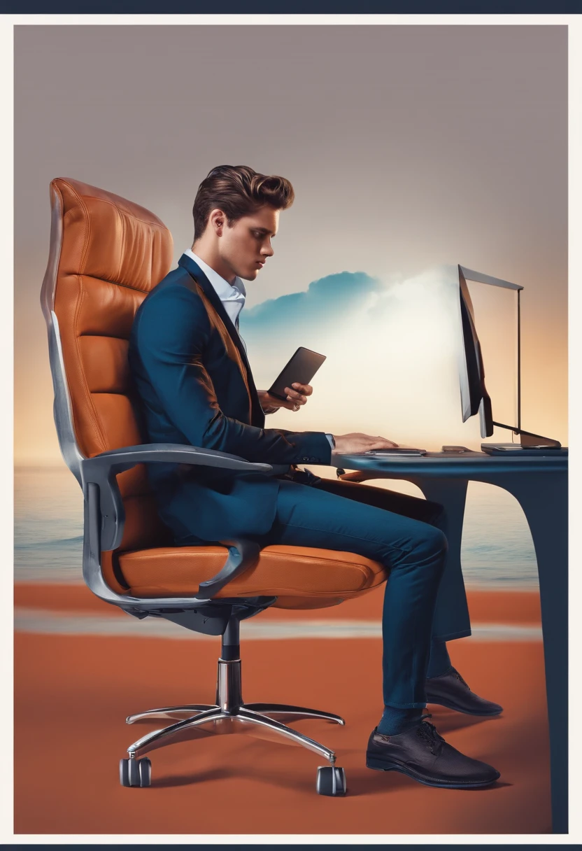 Il y a un jeune homme assis sur une chaise avec un ordinateur portable, an album cover , Image professionnelle incroyable, exceptionnel et porte bazin couleur bleu