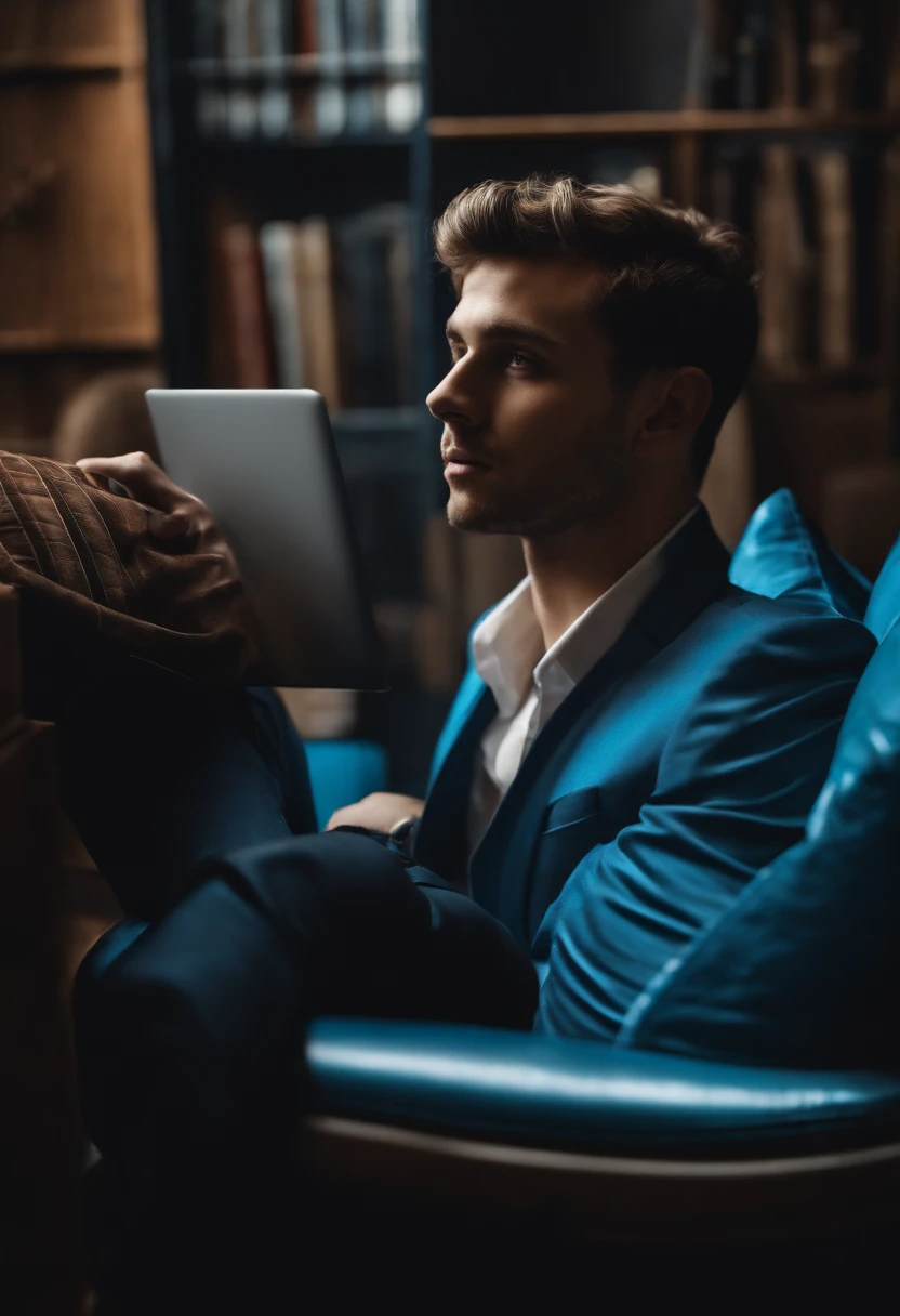 Il y a un jeune homme assis sur une chaise avec un ordinateur portable, an album cover , Image professionnelle incroyable, exceptionnel et porte bazin couleur bleu