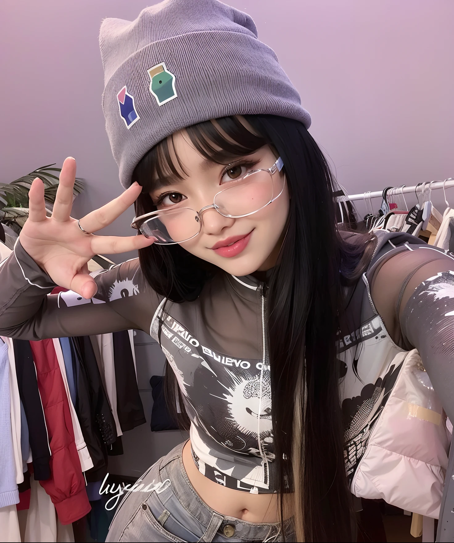 mulher com gorro posando para uma foto, e 2K Cutecore Clowncore, y estilo 2k, estilo y2k, Ulzzang, she is wearing streetwear, Lalisa Manobal, Xision Wu, usando streetwear cyberpunk, Gongbi, Lalisa Manoban do Blackpink, com franja, e moda 2K
