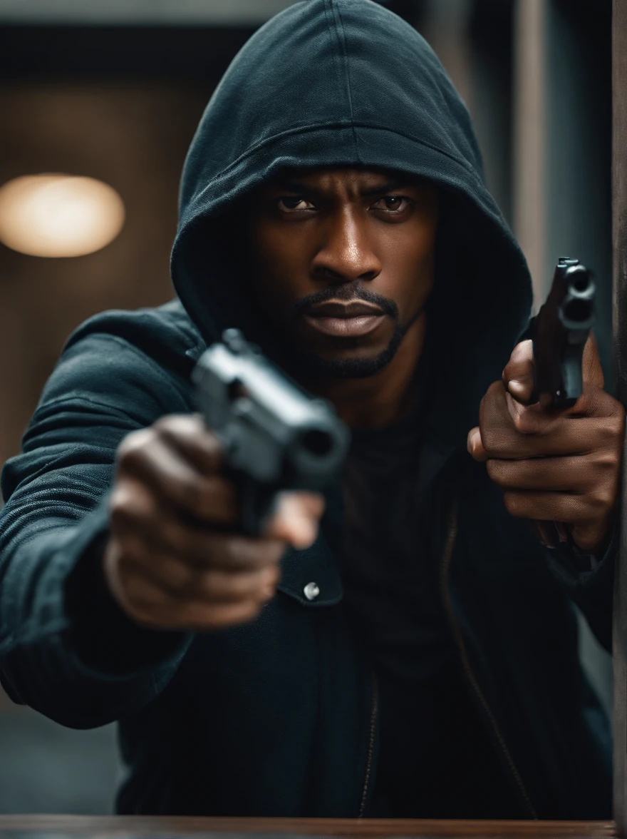 An black American thief holding a pistol, gun, aiming forward, evil thief, bad guy,  bright daylight, thief hoodie, looking towards the camera, horrific, look into the camera, detailed, shot, dramatic, daylight, indoor studio light, medium shot, highly detailed, thief clothing, evil, crook, thief, gun, vibrant, detailed texture, detailed face expression, medium shot, full body, ultrawide, long full shot, full body, realistic, bright, ultrarealistic, realistic focus faces, bright scene, city, 8k