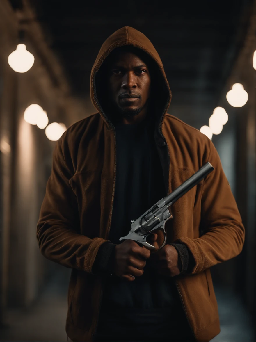An black American thief holding a pistol, gun, aiming forward, evil thief, bad guy,  bright daylight, thief hoodie, looking towards the camera, horrific, look into the camera, detailed, shot, dramatic, daylight, indoor studio light, medium shot, highly detailed, thief clothing, evil, crook, thief, gun, vibrant, detailed texture, detailed face expression, medium shot, full body, ultrawide, long full shot, full body, realistic, bright, ultrarealistic, realistic focus faces, bright scene, city, 8k