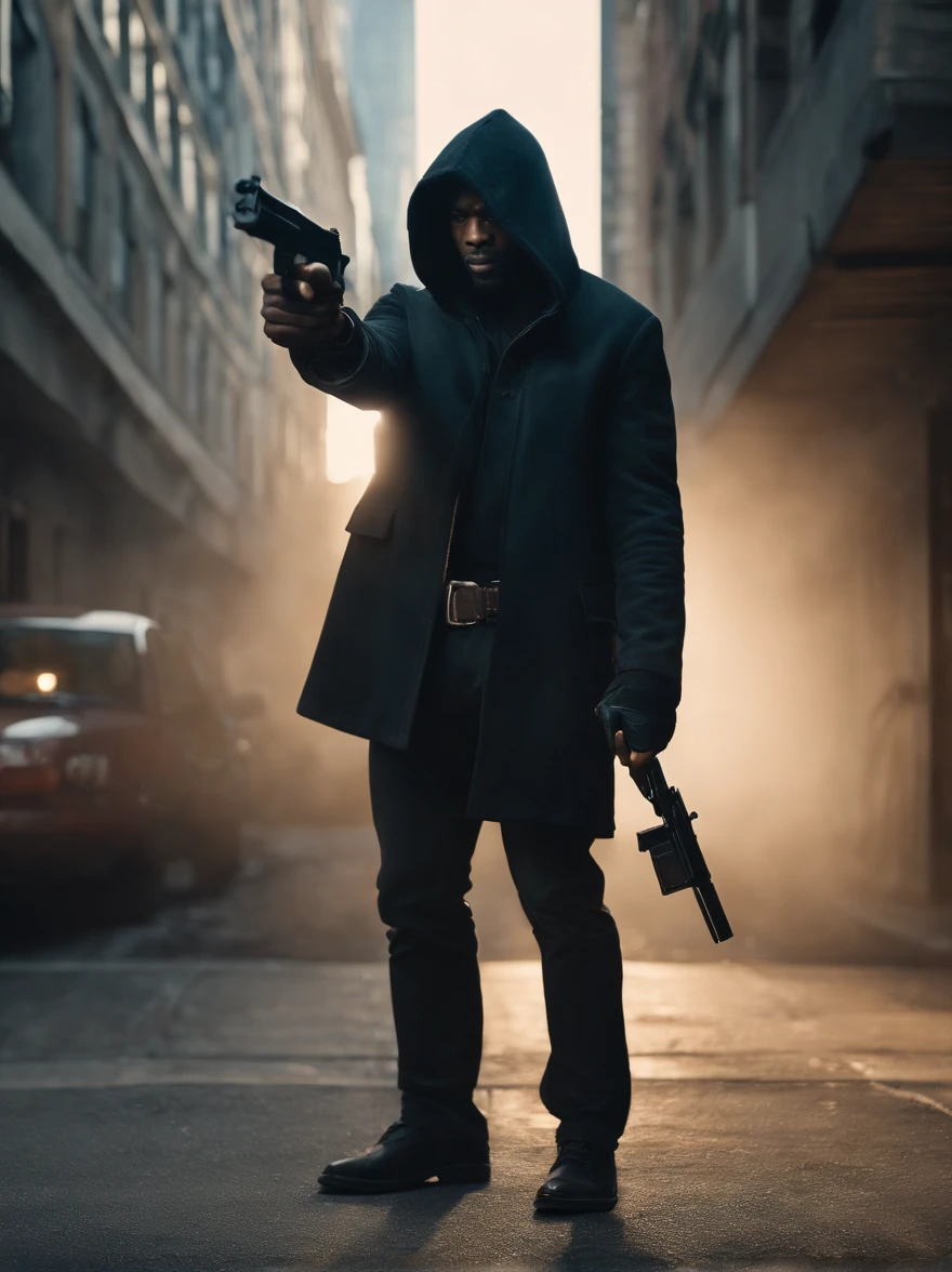 An black American thief holding a pistol, gun, aiming forward, evil thief, bad guy, bright daylight, thief hoodie, looking towards the camera, horrific, look into the camera, detailed, shot, dramatic, daylight, indoor studio light, medium shot, highly detailed, thief clothing, evil, crook, thief, gun, vibrant, detailed texture, detailed face expression, medium shot, full body, ultrawide, long full shot, full body, realistic, bright, ultrarealistic, realistic focus faces, bright scene, city, 8k