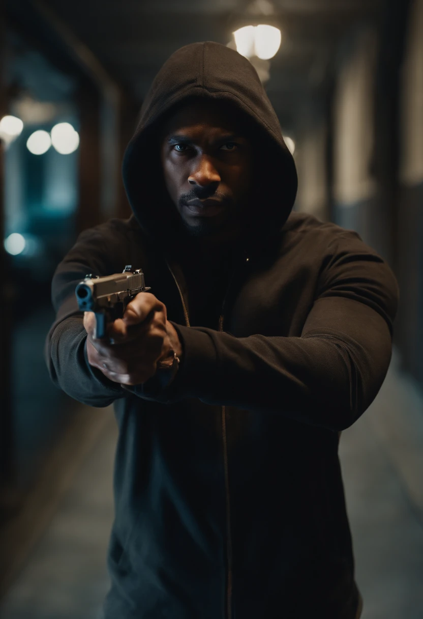 An black American thief holding a pistol, gun, aiming forward, evil thief, bad guy, thief hoodie, looking towards the camera, horrific, look into the camera, detailed, shot, dramatic, daylight, indoor studio light, medium shot, highly detailed, thief clothing, evil, crook, thief, gun, vibrant, detailed texture, detailed face expression, medium shot, full body, ultrawide, long full shot, full body, realistic, bright, ultrarealistic, realistic focus faces, bright scene, city, 8k