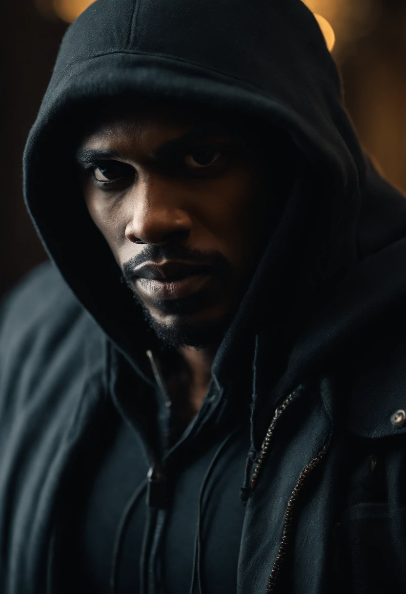 An black American thief holding a pistol, gun, aiming forward, evil thief, bad guy, thief hoodie, looking towards the camera, horrific, look into the camera, detailed, shot, dramatic, daylight, indoor studio light, medium shot, highly detailed, thief clothing, evil, crook, thief, gun, vibrant, detailed texture, detailed face expression, medium shot, full body, ultrawide, long full shot, full body, realistic, bright, ultrarealistic, realistic focus faces, bright scene, city, 8k