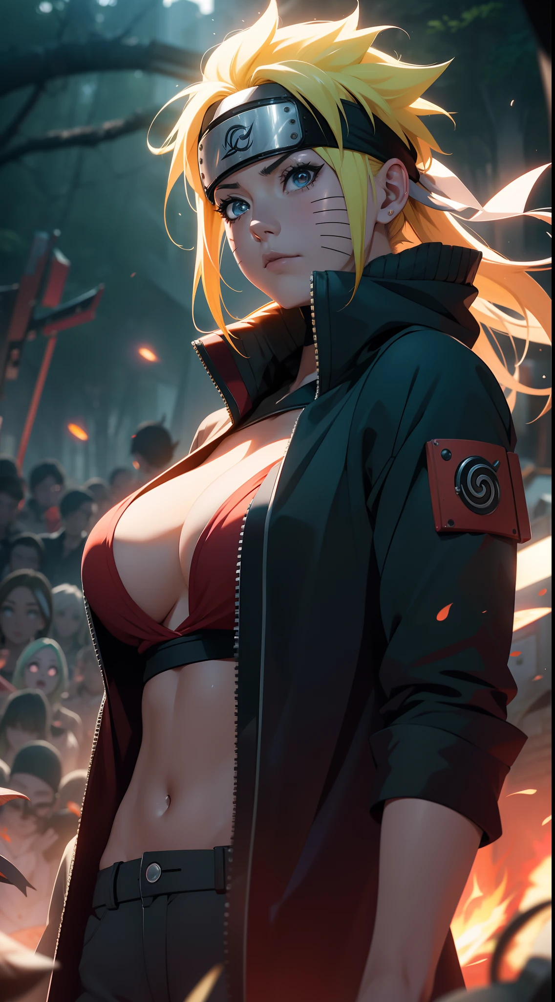 Naruto Uchiha Vortex is super realistic，detail-rich，one-girl，Large breasts，cleavage，Be red in the face，Yellow hair，best qualityer，tmasterpiece, Johnny Depp walks across the beach at night among fireflies，sharp fokus, contrasty lighting, Delicate skin, High resolution 8K, insanely details, realisticlying, professional photoshooting, 8K  UHD, SLR camera, softlighting, high high quality, filmgrain, Fujifilm XT3，Keep one's mouth shut，particle fx