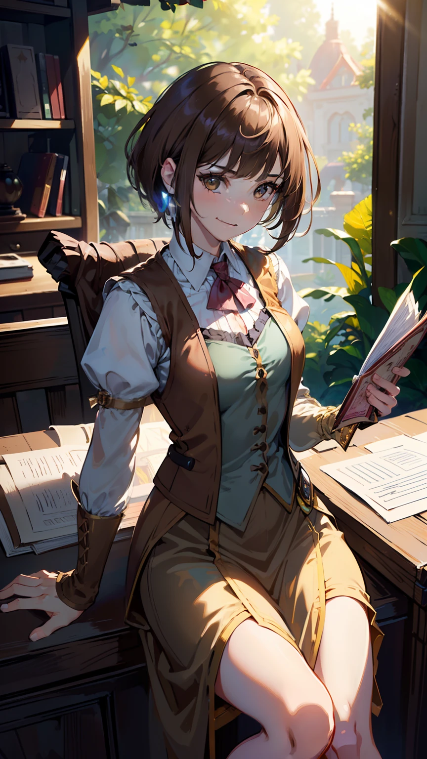 masterpiece, ultra detailed, 8K Portrait, Raw photo, portrait photography, full body, Highly detailed face, ((Fantasy)), Young beautiful, 27 years old, smile, ((((receptionist))), sitting on wood chair, (((light brown short bobbed hair))) Fluttering in the wind, blunt bangs, pink colored long puffy sleeve clothes, yellow waistcoat, maxi skirt, ((holding a note book)), Morning Sun, hyper realistic, Body model, Small breasts, Beautiful breasts, Long legs, in the medieval adventurer's guild, Ambient lighting, Shadow details , Camera focus on face, strong breeze, Light fog