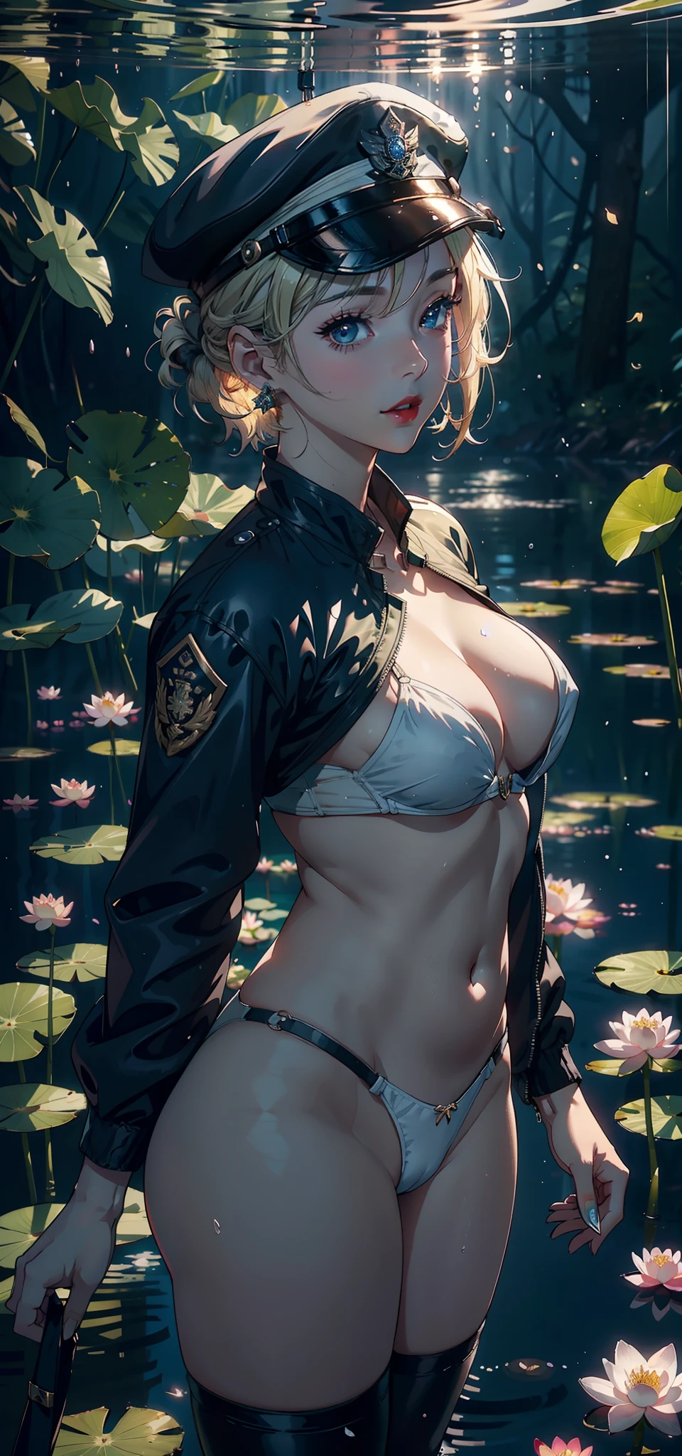 (Background with:ponds,Cherry blossom forest,lotus flower)Lie underwater, She has short blonde hair,bobo head,seen from the front,mostly cloudy sky,(((tmasterpiece),(Very detailed CG unity 8K wallpaper),best qualtiy,cinmatic lighting,detailed back ground,beatiful detailed eyes,Bright pupils,Blue eyes,Snow-whiteskin,Redlip(Very fine and beautiful),(Beautiful and detailed eye description),ultra - detailed,tmasterpiece,))facing at camera,A high resolution,ultra - detailed),revealing breasts,Bare genitalia, Bulge,legs are open,Raised sexy,Camel toes,Desire for dissatisfaction,frontage,air force(Wearing :耳Nipple Ring, jewely, Dark green bomber jacket,Black tights,Bare )Officer's cap