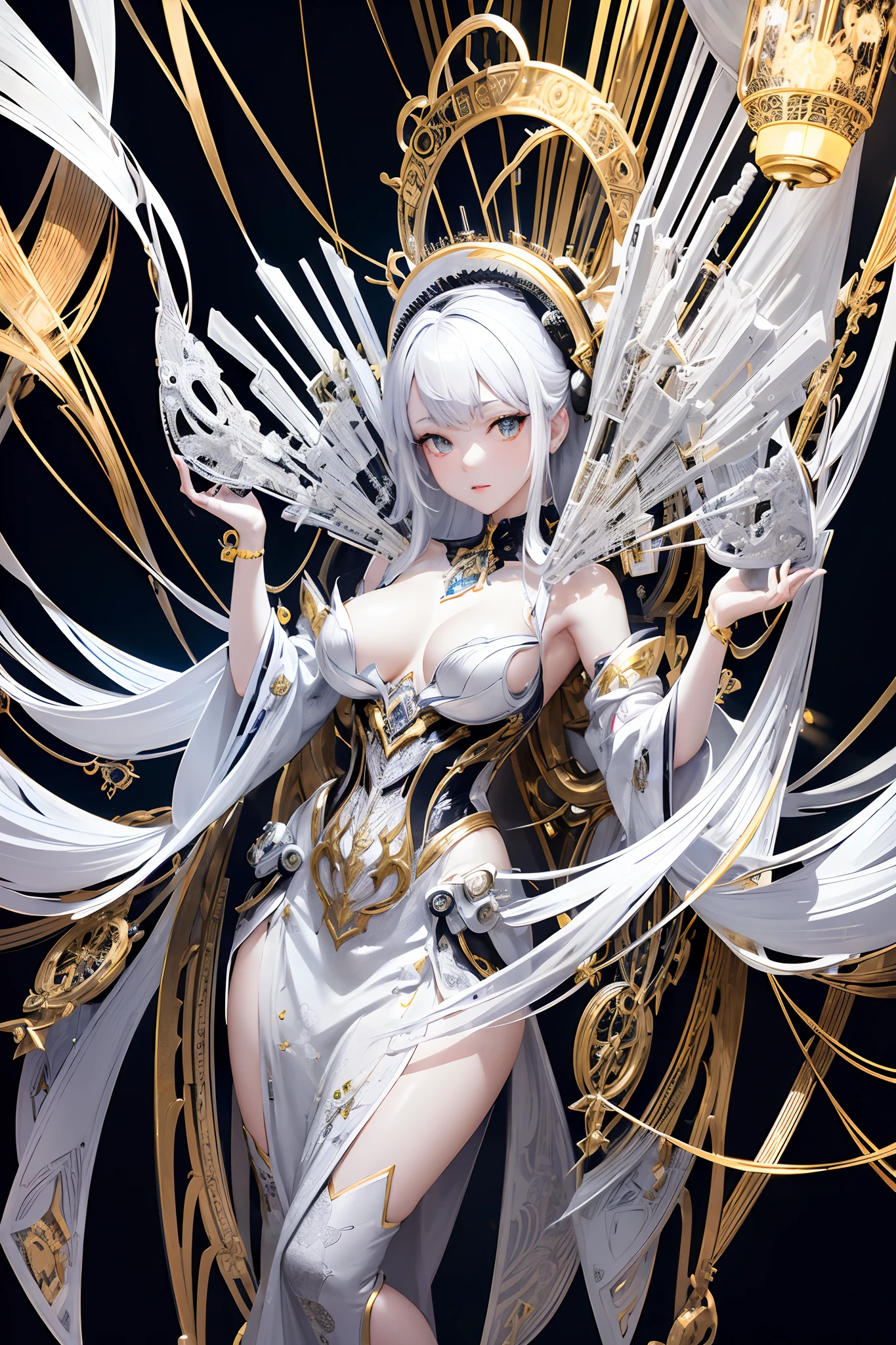 Portrait photo of a Japanese female robot in the mid-twenties,Made of white and silver clear glass and plastic, geisha makeup, Black hairstyle, Silver and gold metal interior body mechanism, Dynamic pose, flowing organic construction, Detailed engraving, Lace design, Glowing gold circuit, colorful neon trim, Detailed engraving, Lace design, glowing circuitry, neon trim, art by H.r. Giger, Greg Rutowski